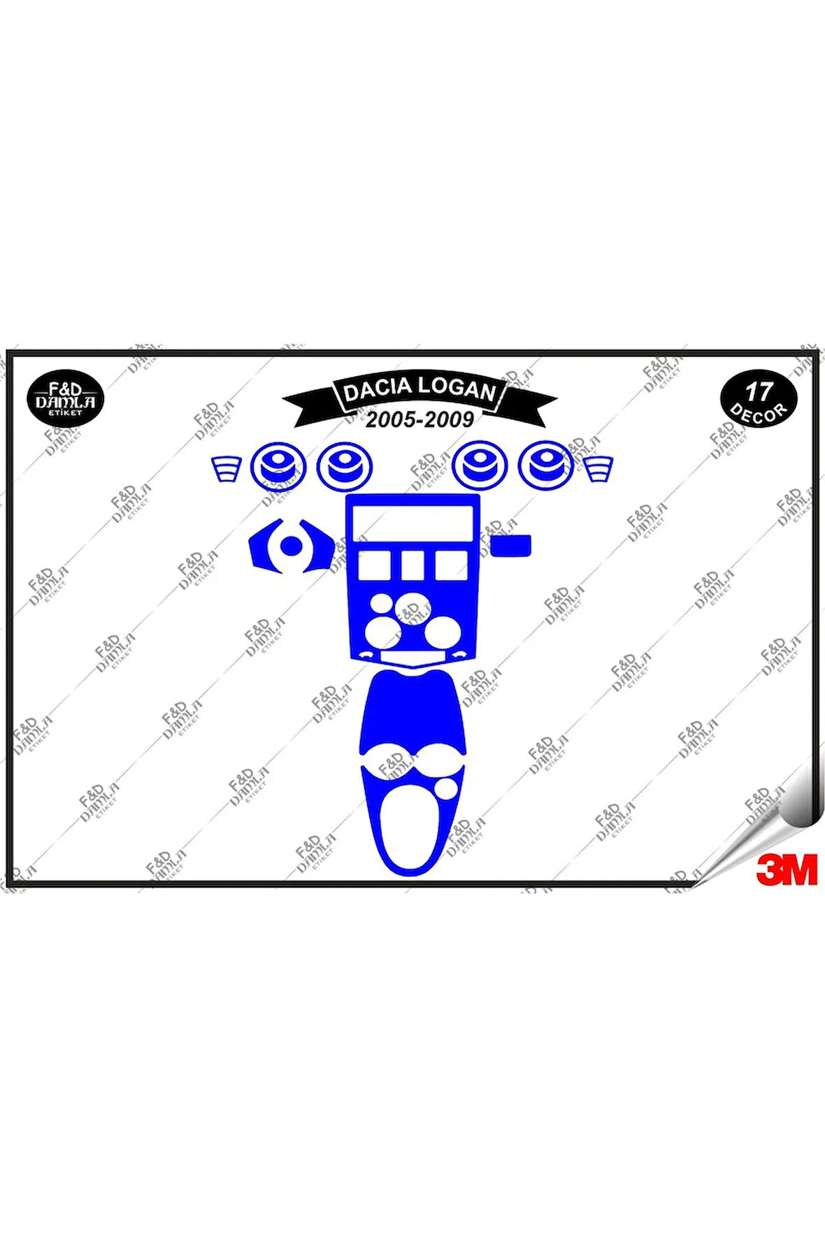 Dacia Logan 2005-2009 Torpido Konsol Trim Göğüs Maun Kaplama Set 17 Parça Mavi