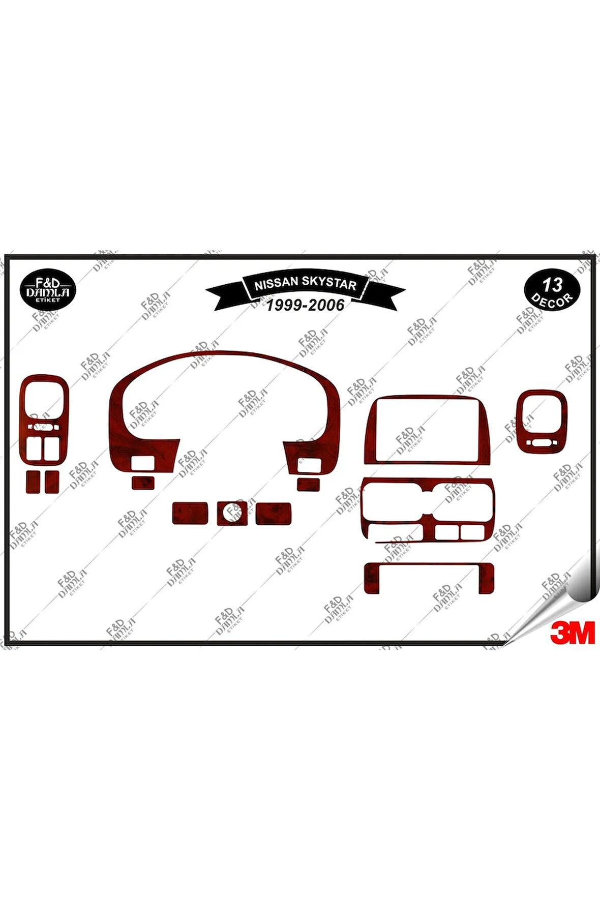 Nissan Pick-Up Skystar 1999-2006 Torpido Konsol Trim Göğüs Maun Kaplama Set 12 Parça Maun