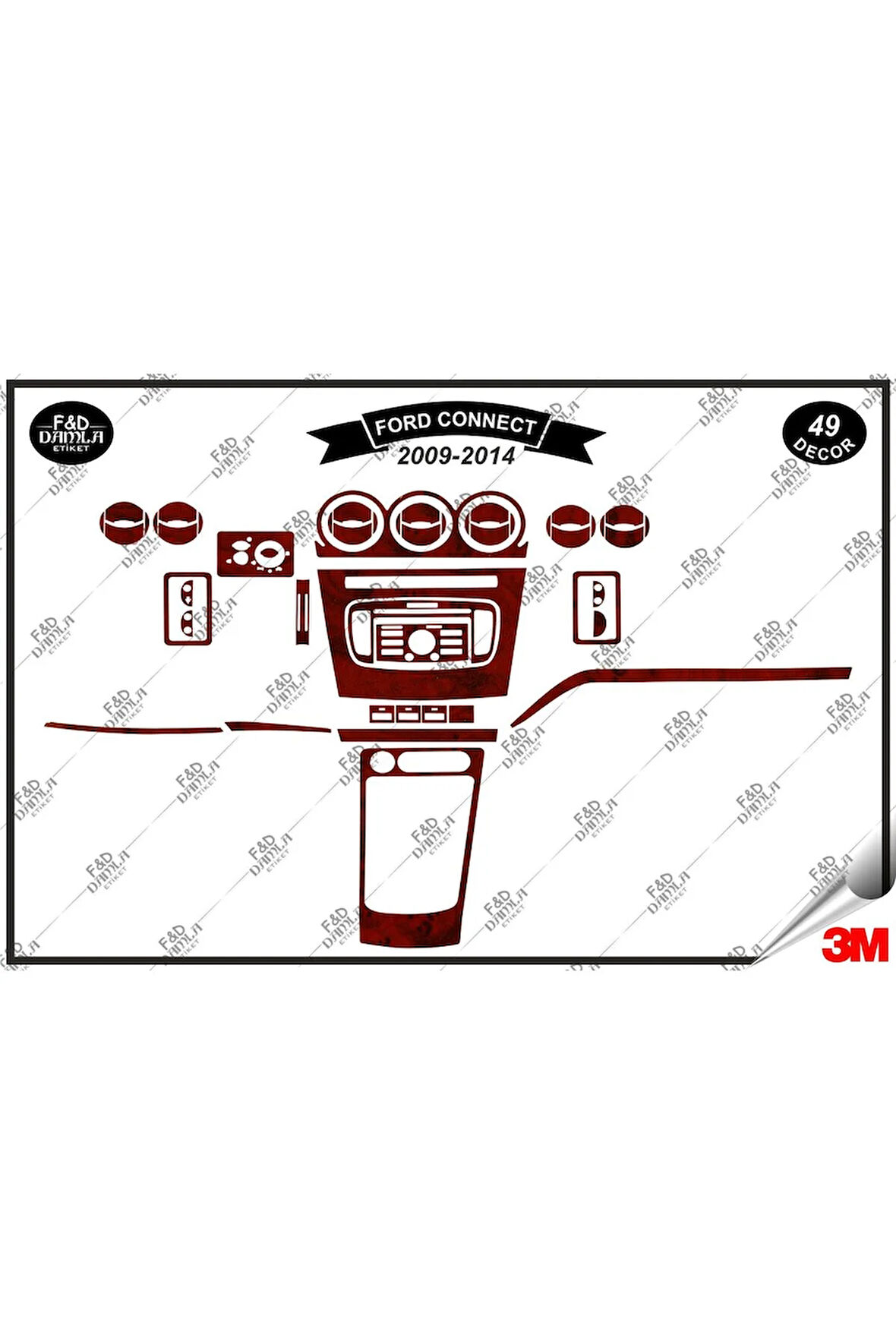 Ford Connect 2009-2014 Torpido Konsol Trim Göğüs Maun Kaplama Set 49 Parça Maun