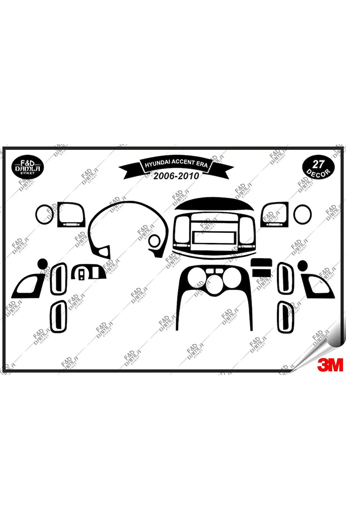 Hyundai Accent Era  2006-2010 Torpido Konsol Trim Göğüs Maun Kaplama Set 27 Parça Siyah