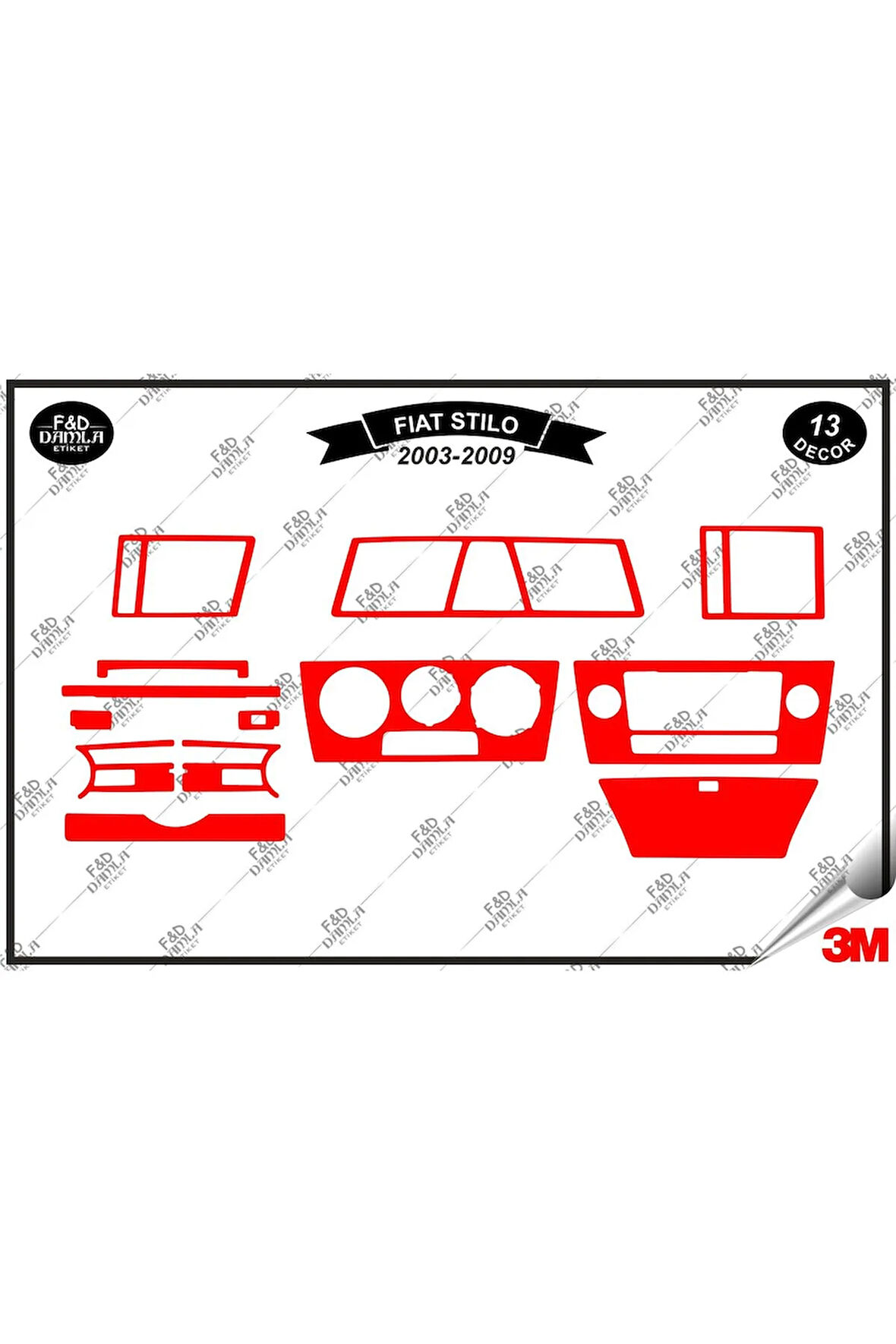 Fiat Stilo 2003-2009 Torpido Konsol Trim Göğüs Maun Kaplama Set13 Parça Kırmızı