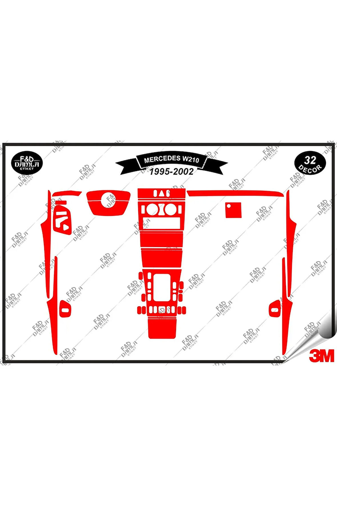 Mercedes W 210 1995-2002 Torpido Konsol Trim Göğüs Maun Kaplama Set 32 Parça Kırmızı