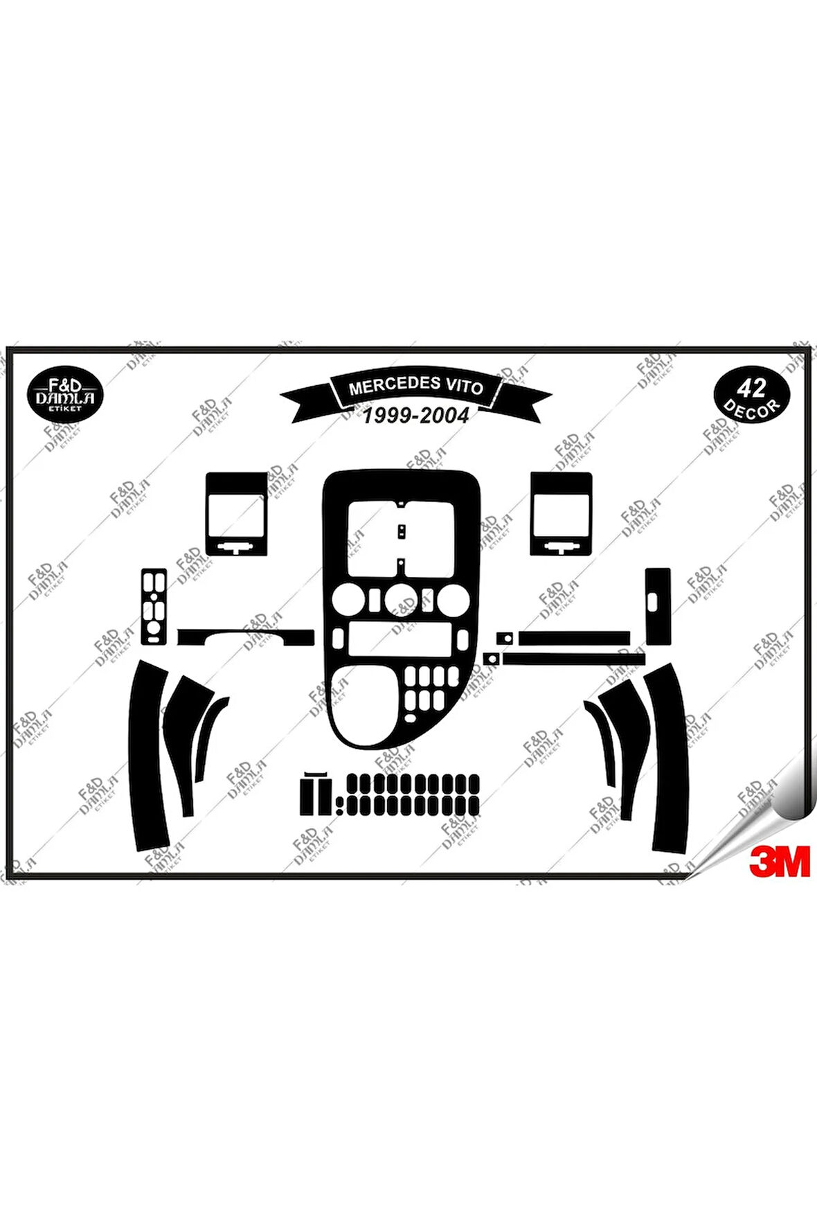 Mercedes Vito 1999-2004 Torpido Konsol Trim Göğüs Maun Kaplama Set 42 Parça Siyah