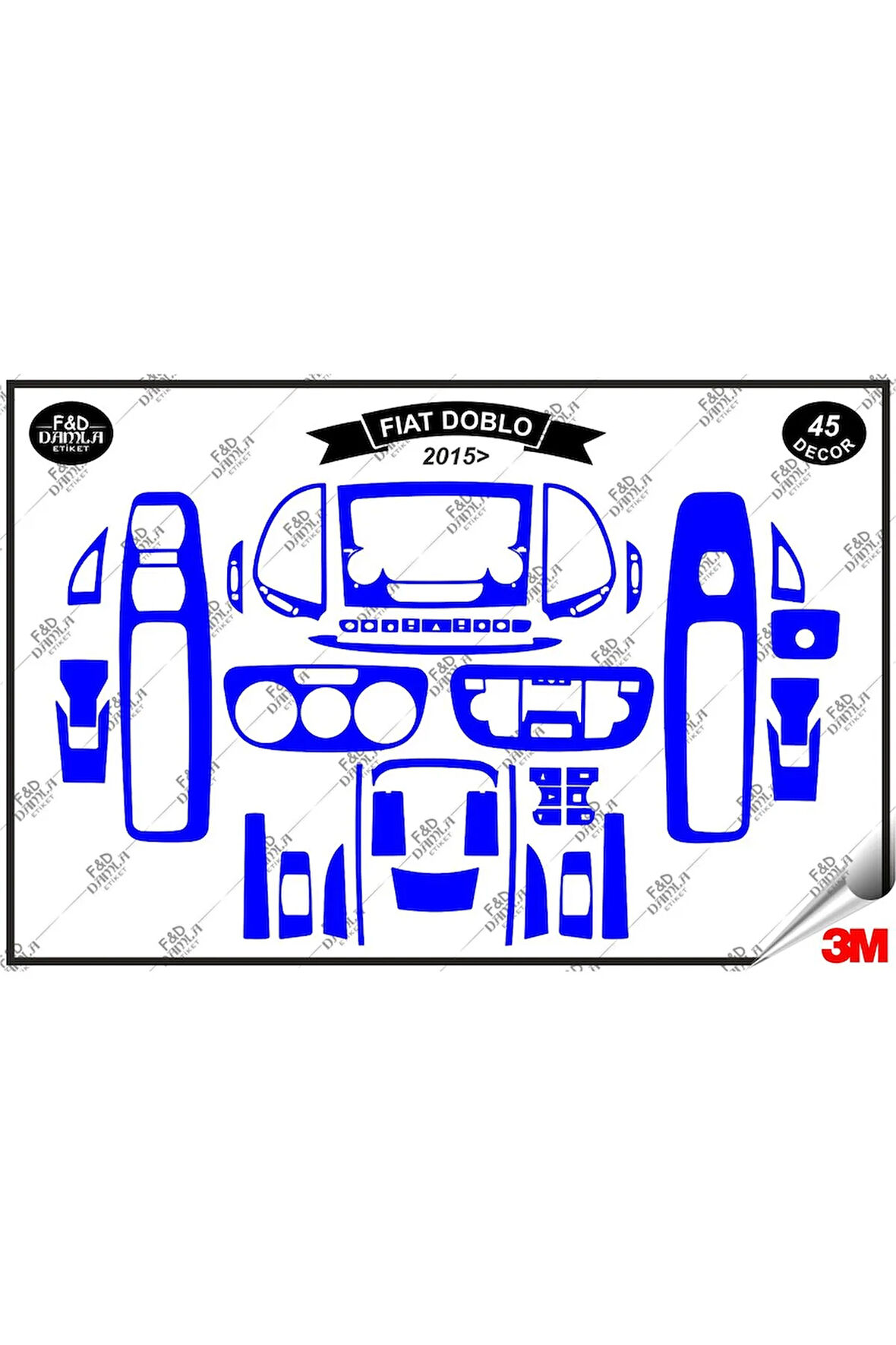 Fiat Doblo 2015 Torpido Konsol Trim Göğüs Maun Kaplama Set 45 Parça Mavi