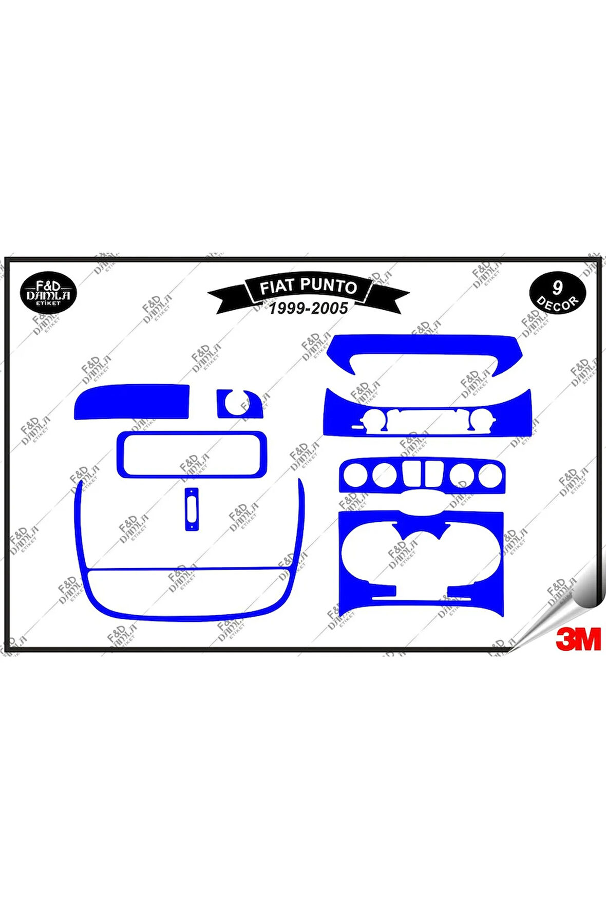 Fiat Punto 1999-2005 Torpido Konsol Trim Göğüs Maun Kaplama Set 9 Parça Mavi