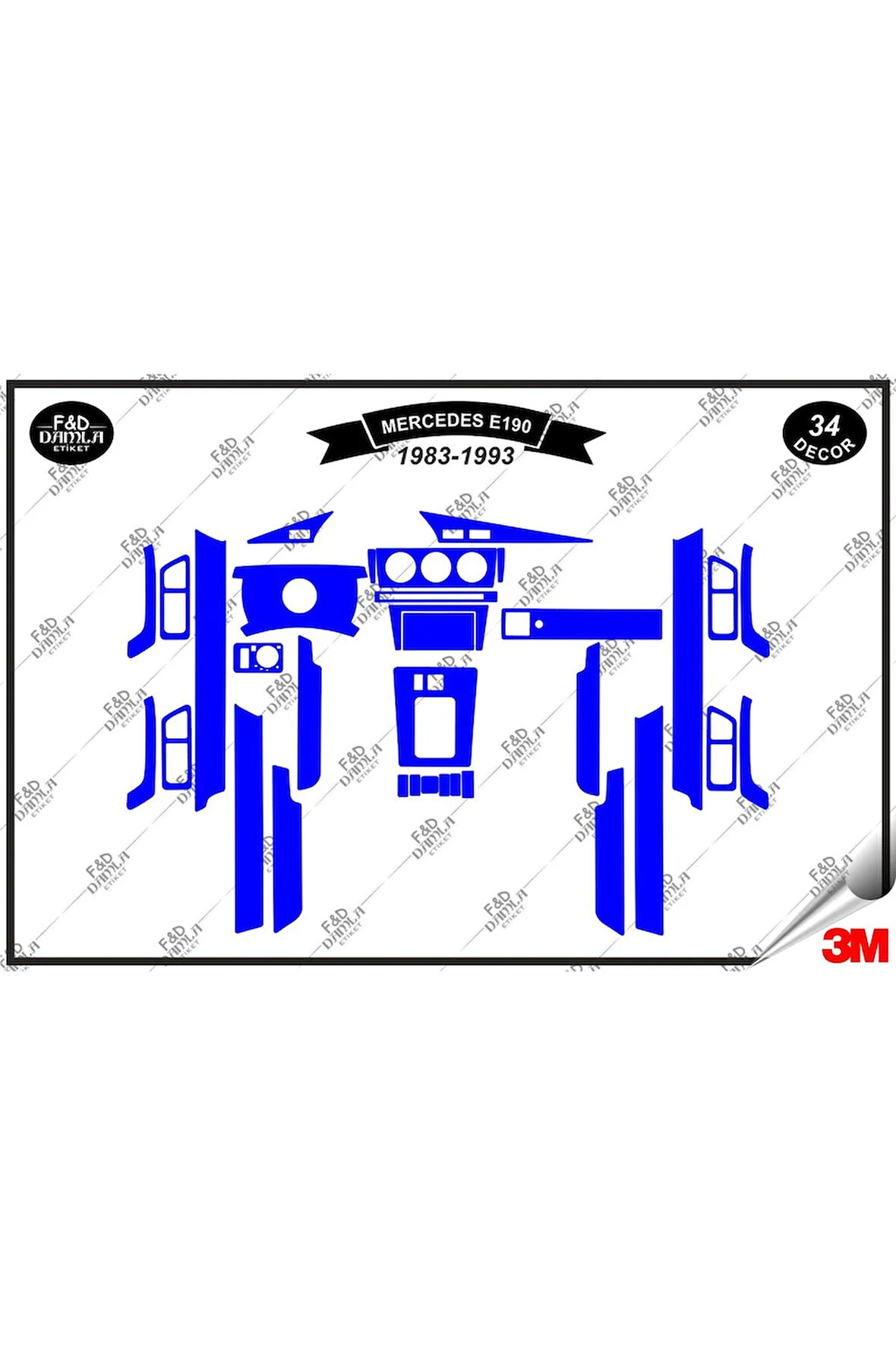 Mercedes E-190  1983-1993 Torpido Konsol Trim Göğüs Maun Kaplama Set 34 Parça Mavi