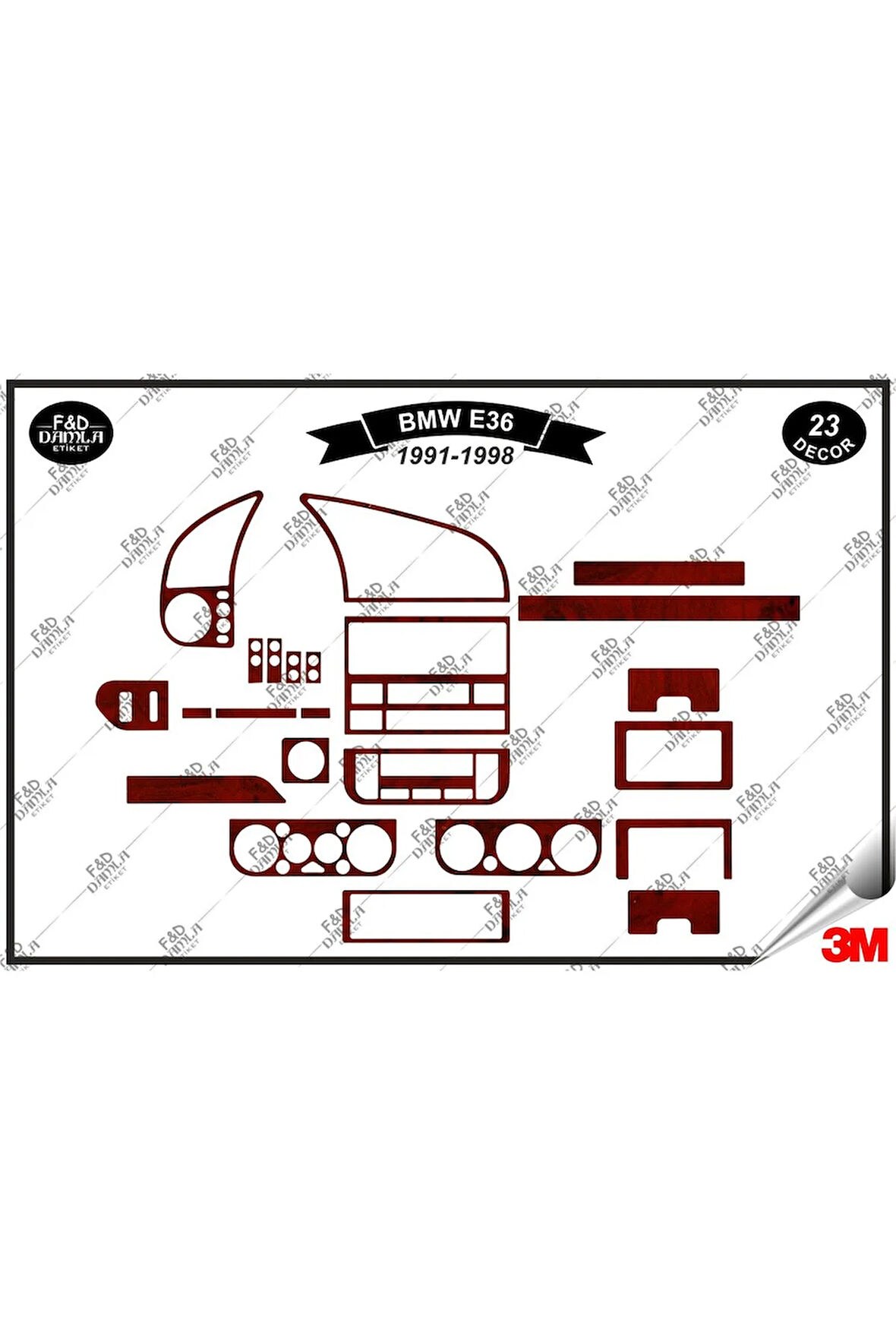 Bmw E 36 1991-1998 Torpido Konsol Trim Göğüs Maun Kaplama Set 23 Parça Maun