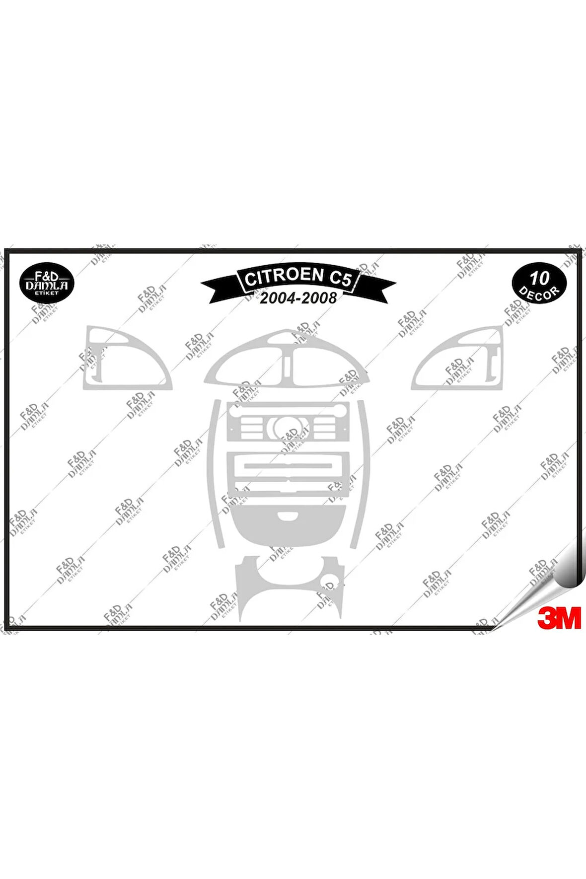 Citroen C5 2004-2008 Torpido Konsol Trim Göğüs Maun Kaplama Set 10 Parça Gümüş