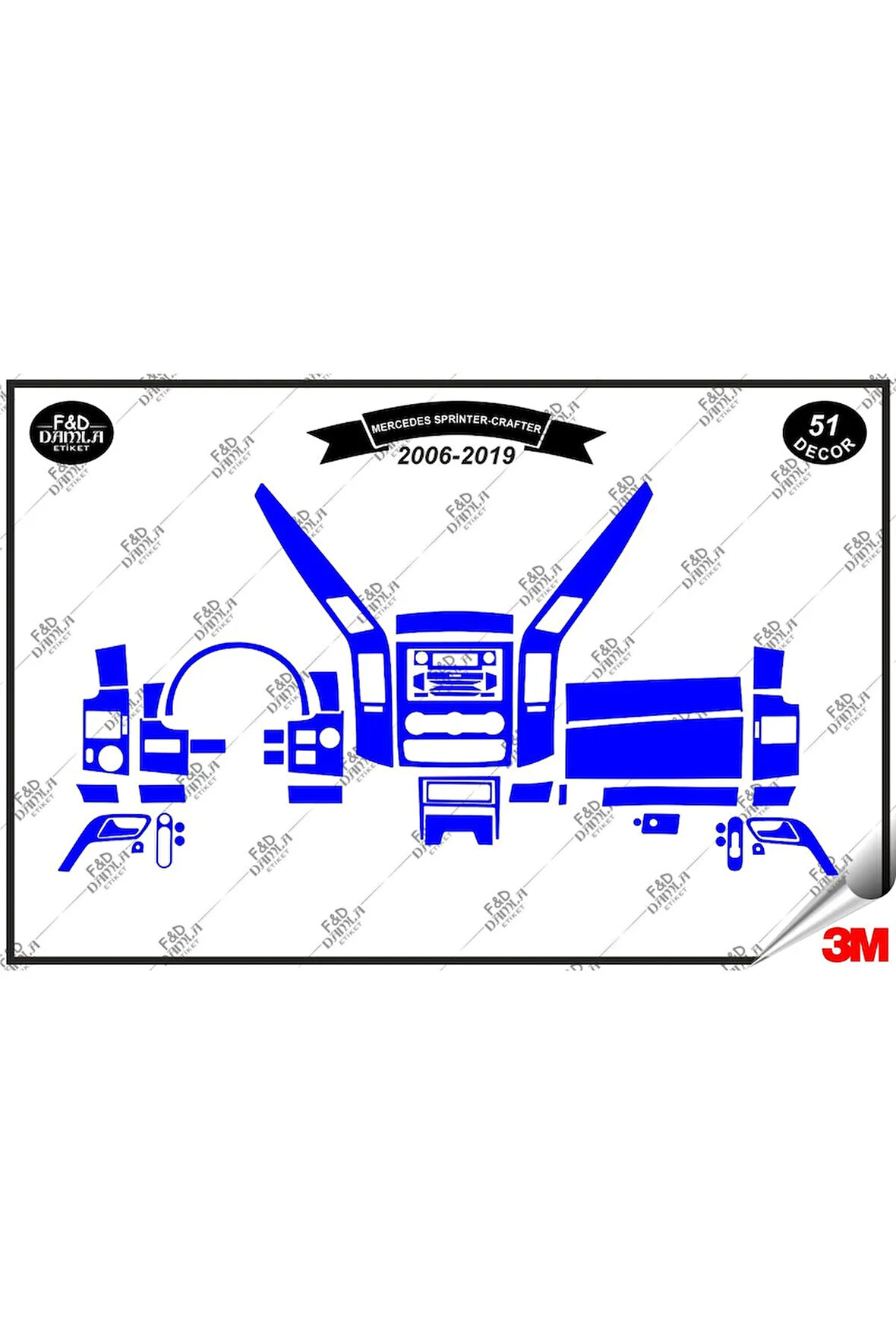 Mercedes Sprinter Grafter 2006-2019 Torpido Konsol Trim Göğüs Maun Kaplama Set 51 Parça Mavi