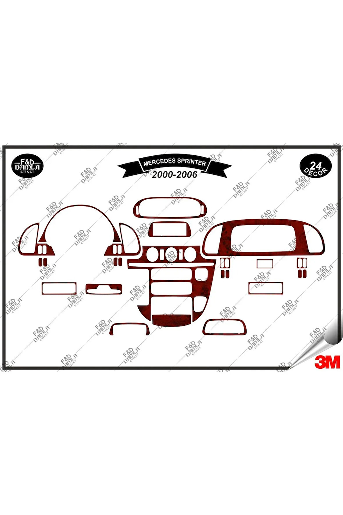 Mercedes Sprinter 2000-2006 Torpido Konsol Trim Göğüs Maun Kaplama Set 24 Parça Maun