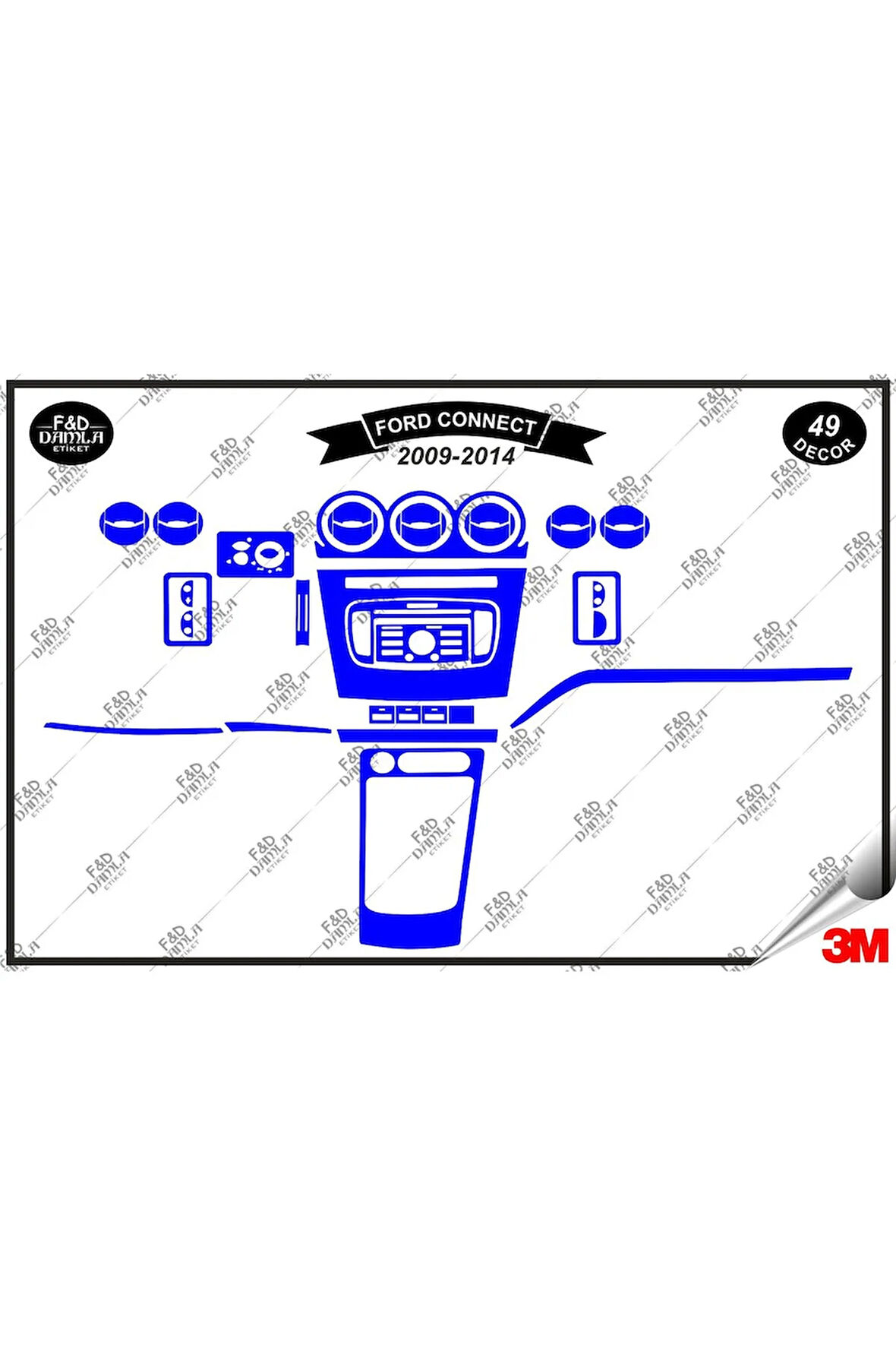 Ford Connect 2009-2014 Torpido Konsol Trim Göğüs Maun Kaplama Set 49 Parça Mavi