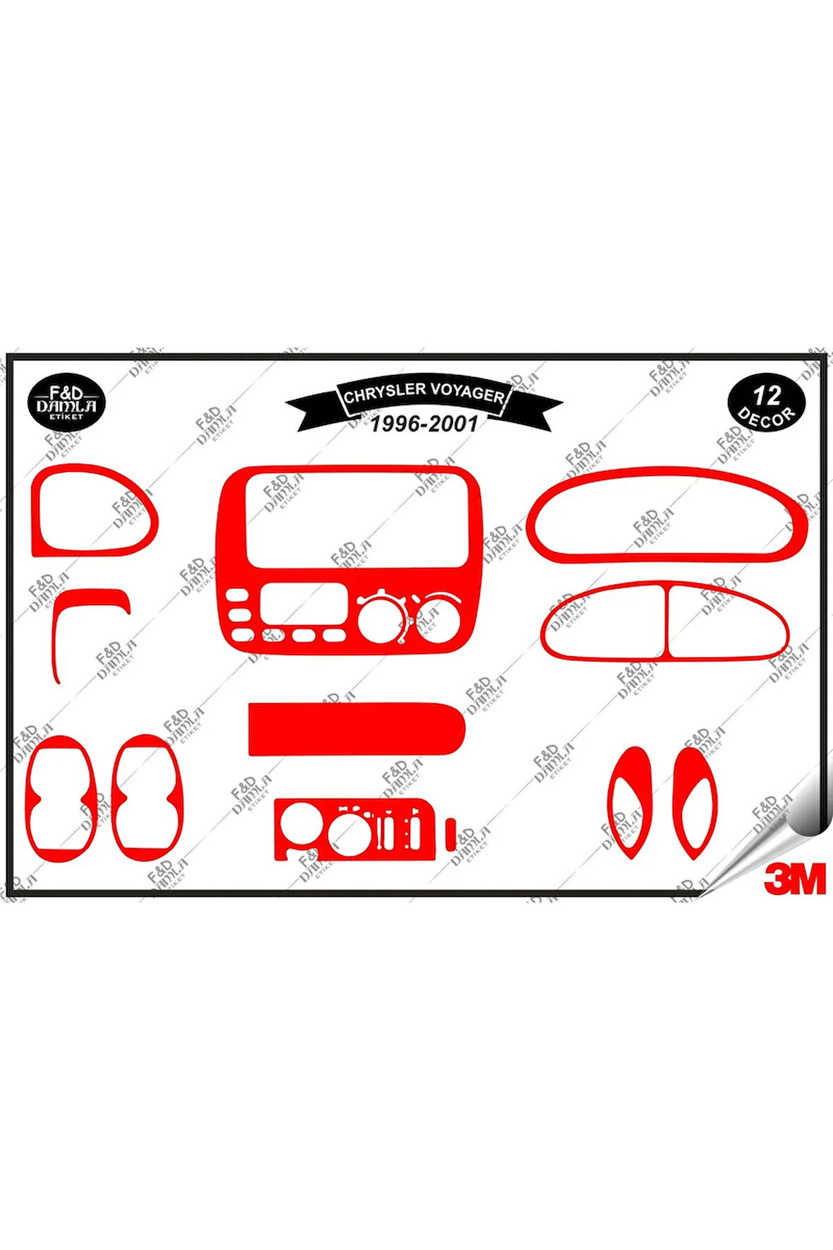 Chrysler Voyager 1996-2001 Torpido Konsol Trim Göğüs Maun Kaplama Set 12 Parça Kırmızı