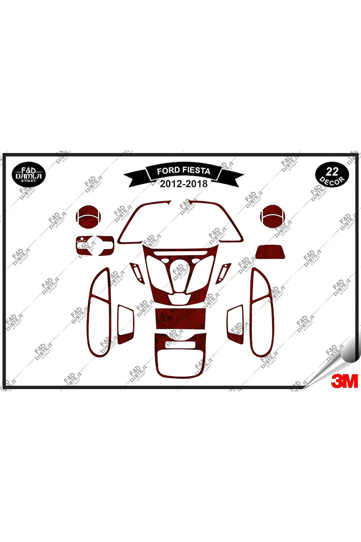 Ford Fiesta 2012-2018 Torpido Konsol Trim Göğüs Maun Kaplama Set 22 Parça Maun