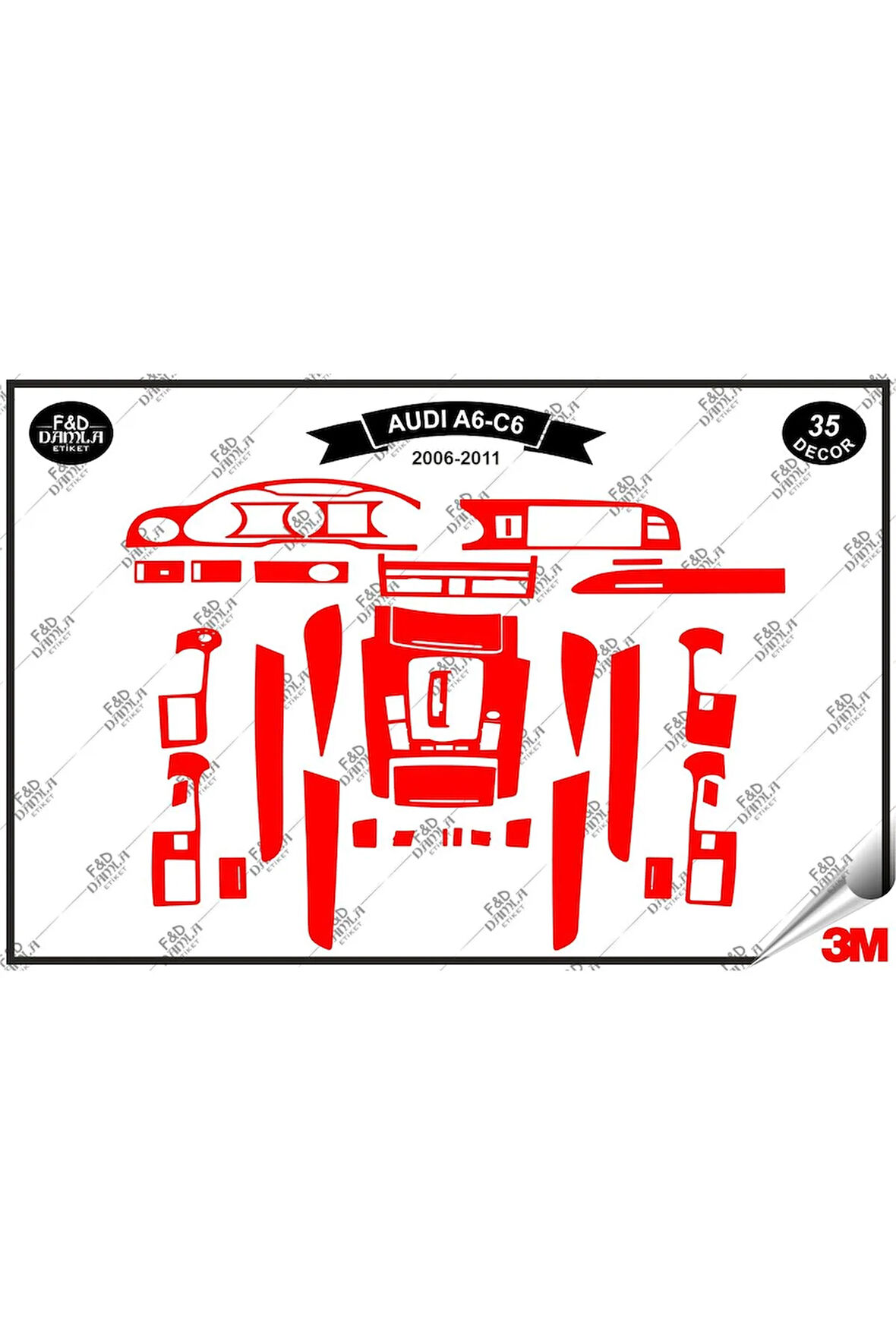 Audi A6 C6 2006-2011 Torpido Konsol Trim Göğüs Maun Kaplama Set 35 Parça Kırmızı