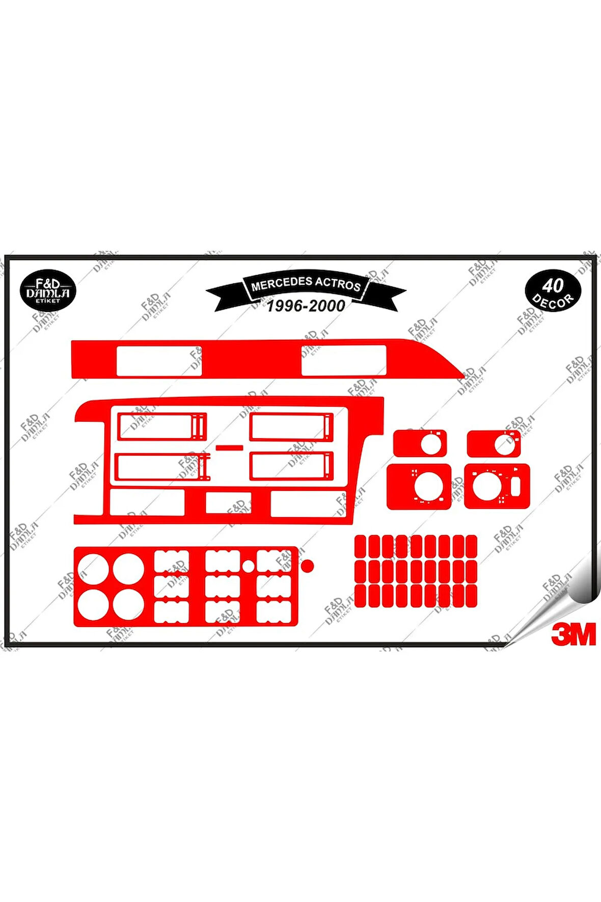 Mercedes Actros 1996-2000 Torpido Konsol Trim Göğüs Maun Kaplama Set 40 Parça Kırmızı