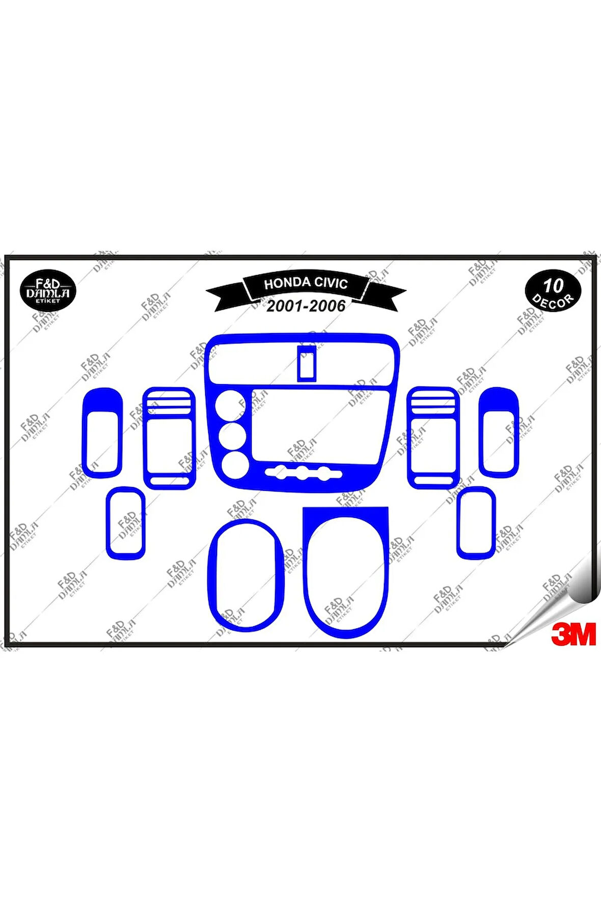 Honda Civic LS Manuel  2001- 2006 Torpido Konsol Trim Göğüs Maun Kaplama Set 10 Parça Mavi