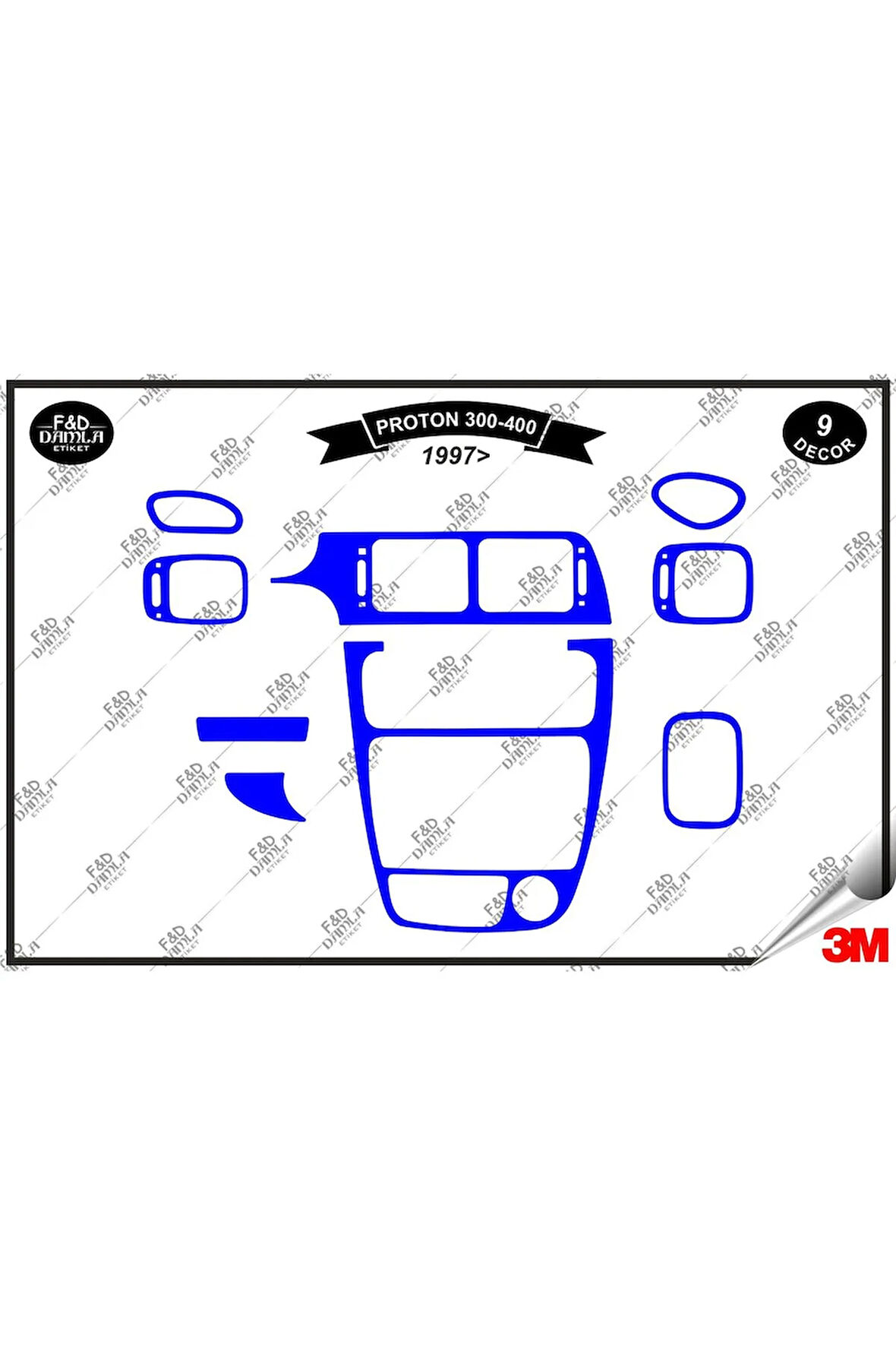 Proton 300 400  1997 Torpido Konsol Trim Göğüs Maun Kaplama Set 9 Parça Mavi