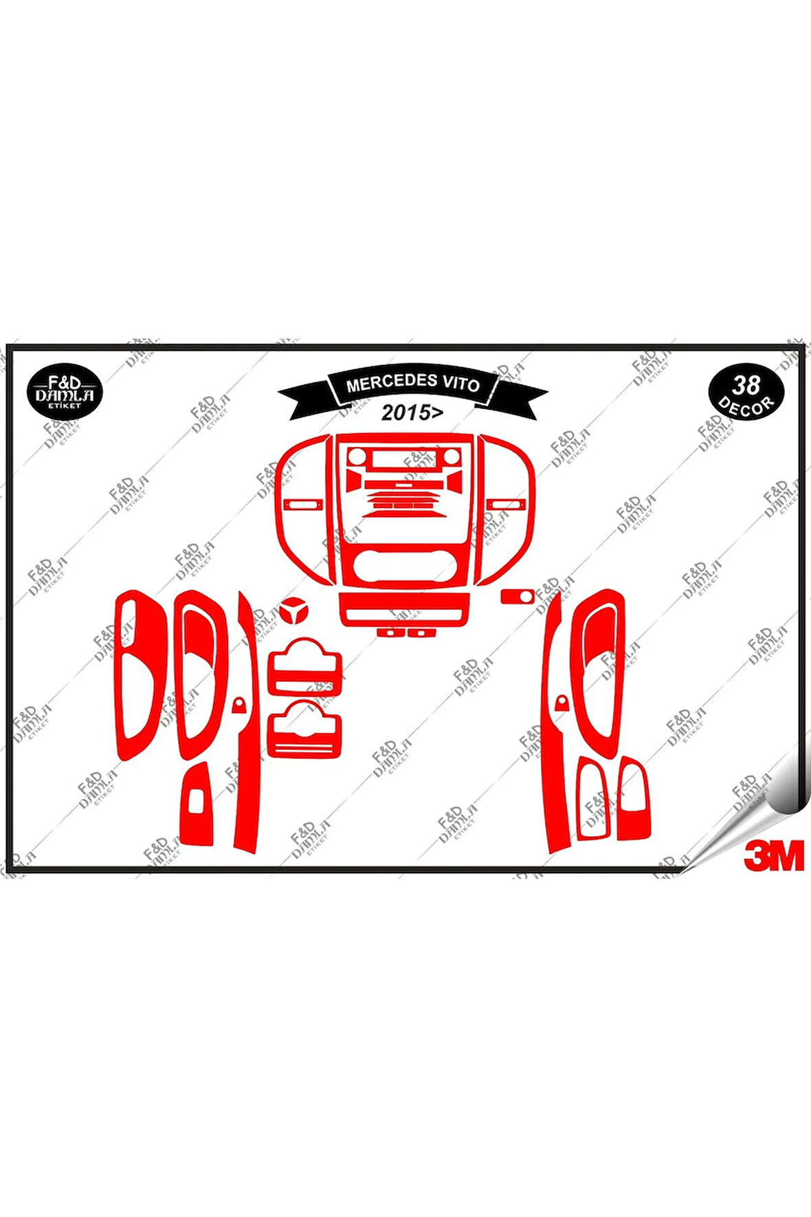 Mercedes Vito 2015 Torpido Konsol Trim Göğüs Maun Kaplama Set 38 Parça Kırmızı