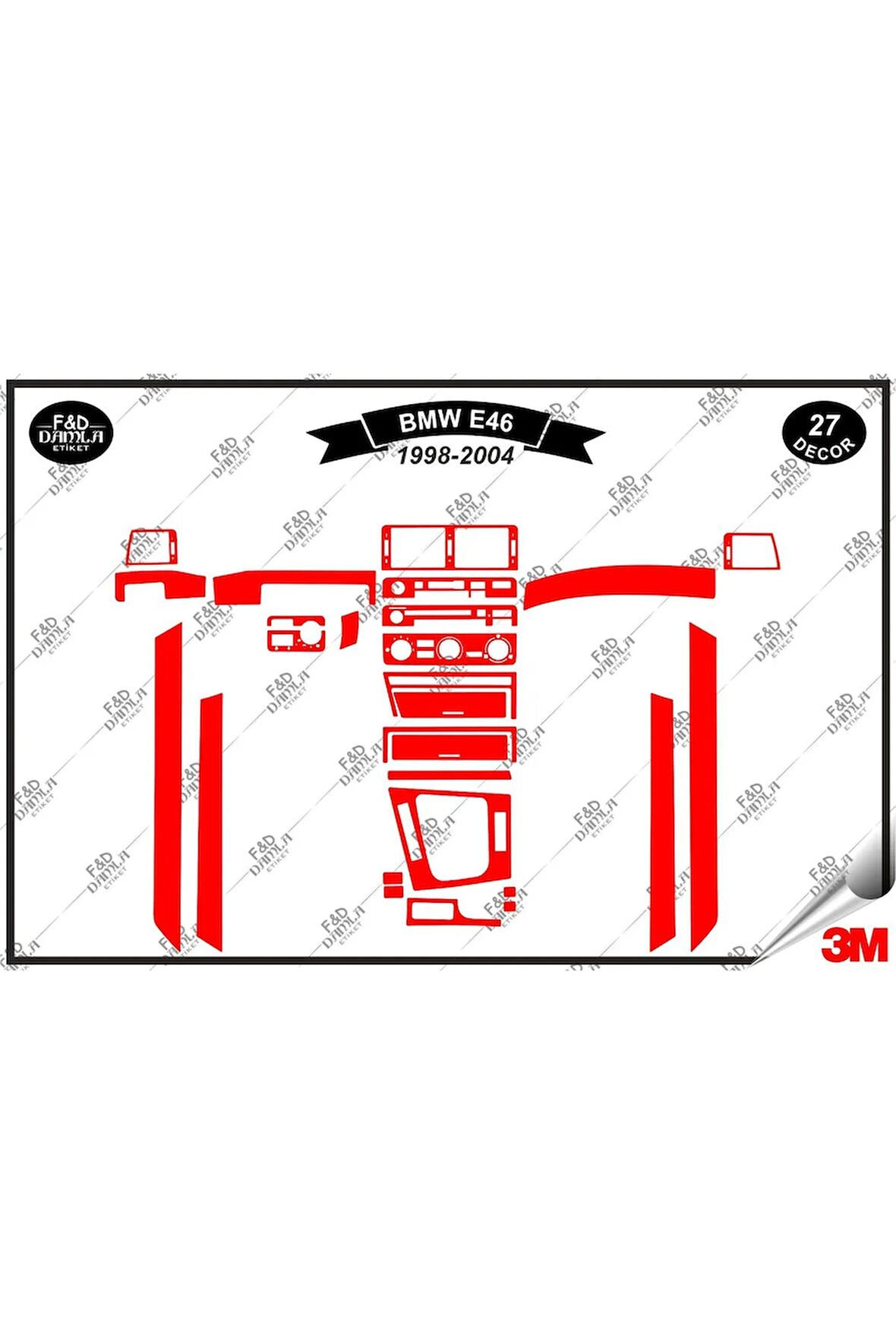 Bmw E 46 1998-2004 Torpido Konsol Trim Göğüs Maun Kaplama Set 27 Parça Kırmızı