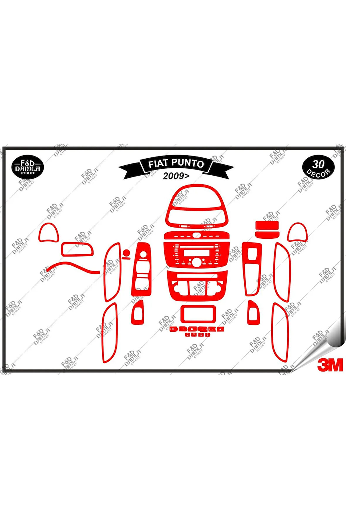 Fiat Punto 2009 Torpido Konsol Trim Göğüs Maun Kaplama Set 30 Parça Kırmızı