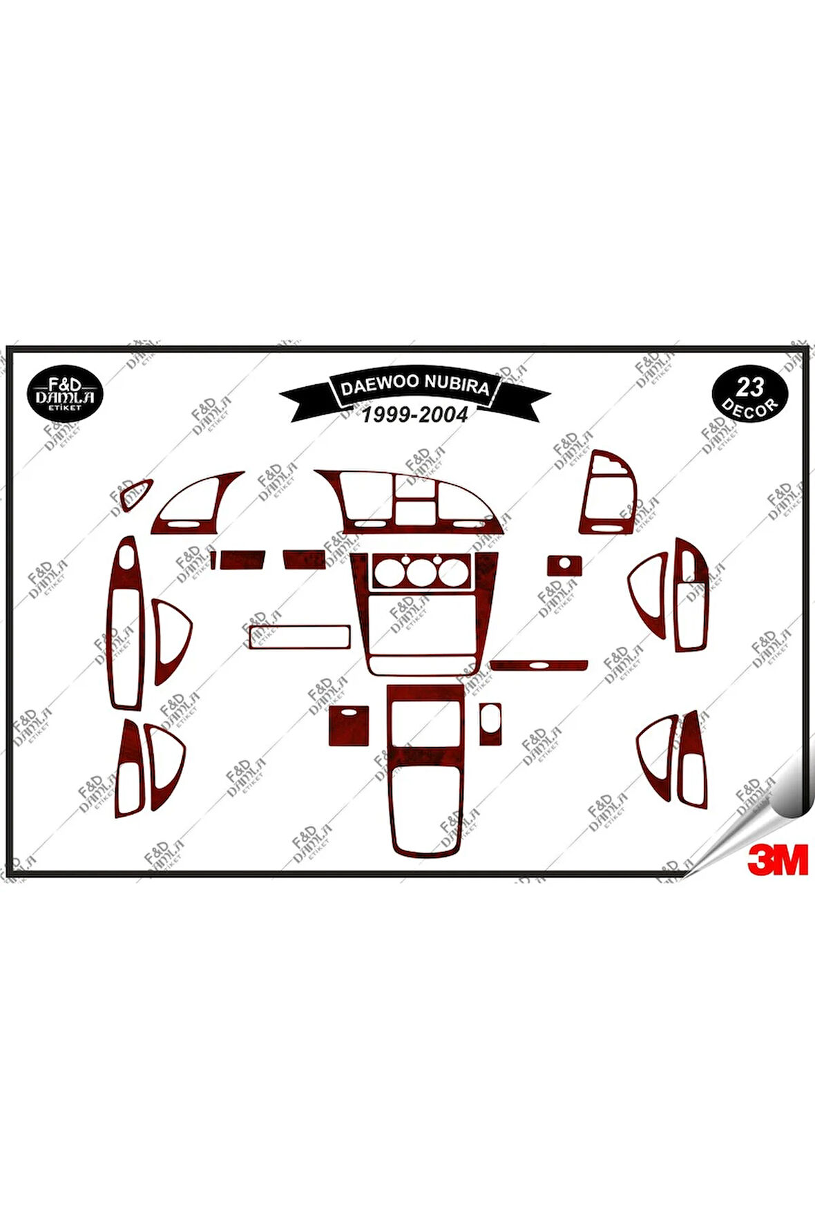 Daewoo Nubira 1999-2004 Torpido Konsol Trim Göğüs Maun Kaplama Set 23 Parça Maun