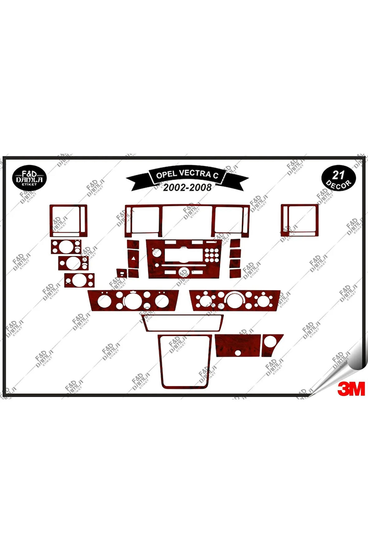 Opel Vectra C 2002-2008 Torpido Konsol Trim Göğüs Maun Kaplama Set 21 Parça Maun