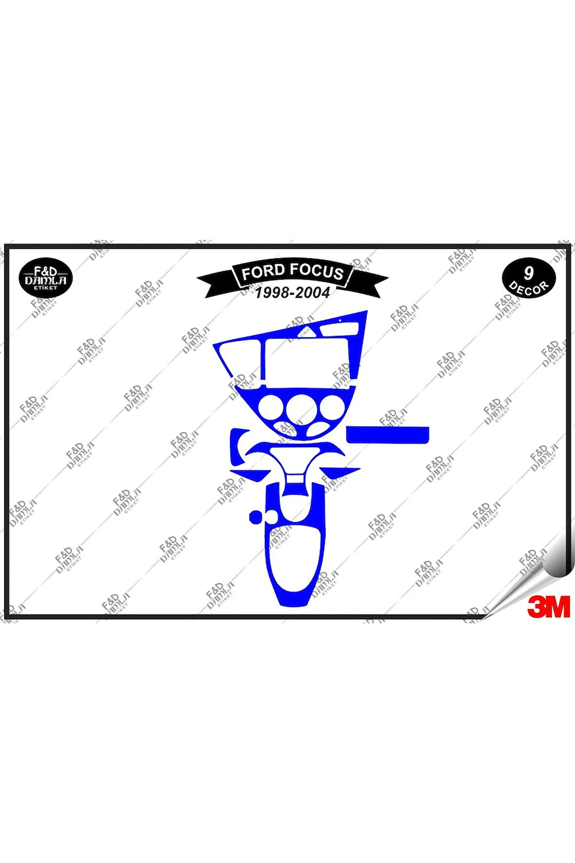 Ford Focus 1998-2004 Torpido Konsol Trim Göğüs Maun Kaplama Set 9 Parça Mavi