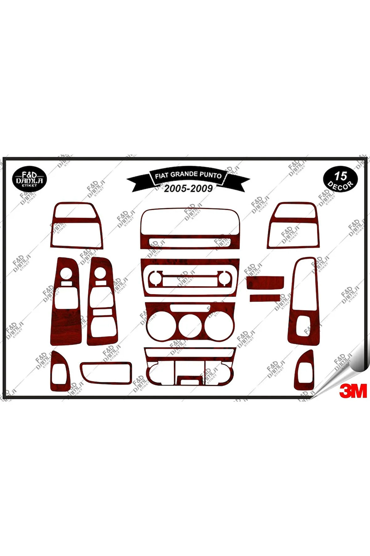 Fiat Grand Punto 2005-2009 Torpido Konsol Trim Göğüs Maun Kaplama Set 15 Parça Maun
