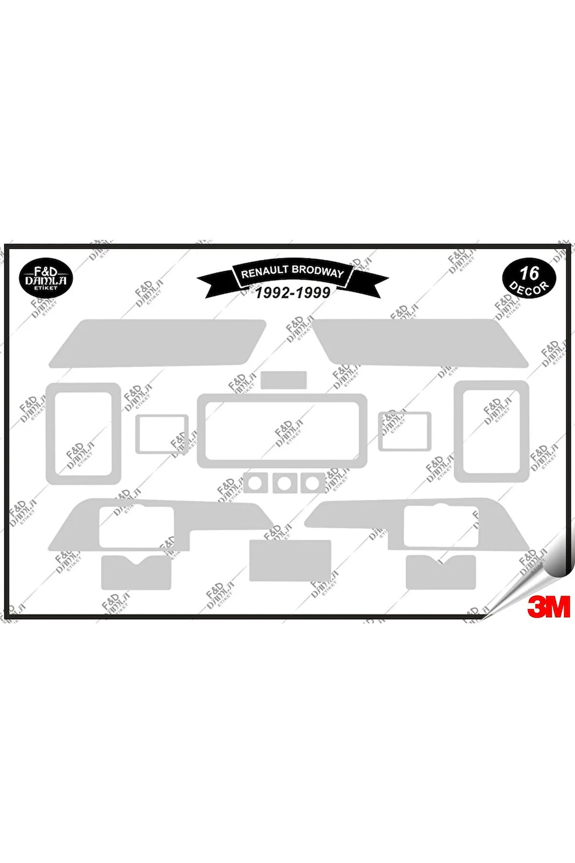 Renault Brodway 1992-1999 Torpido Konsol Trim Göğüs Maun Kaplama Set 16 Parça Gümüş