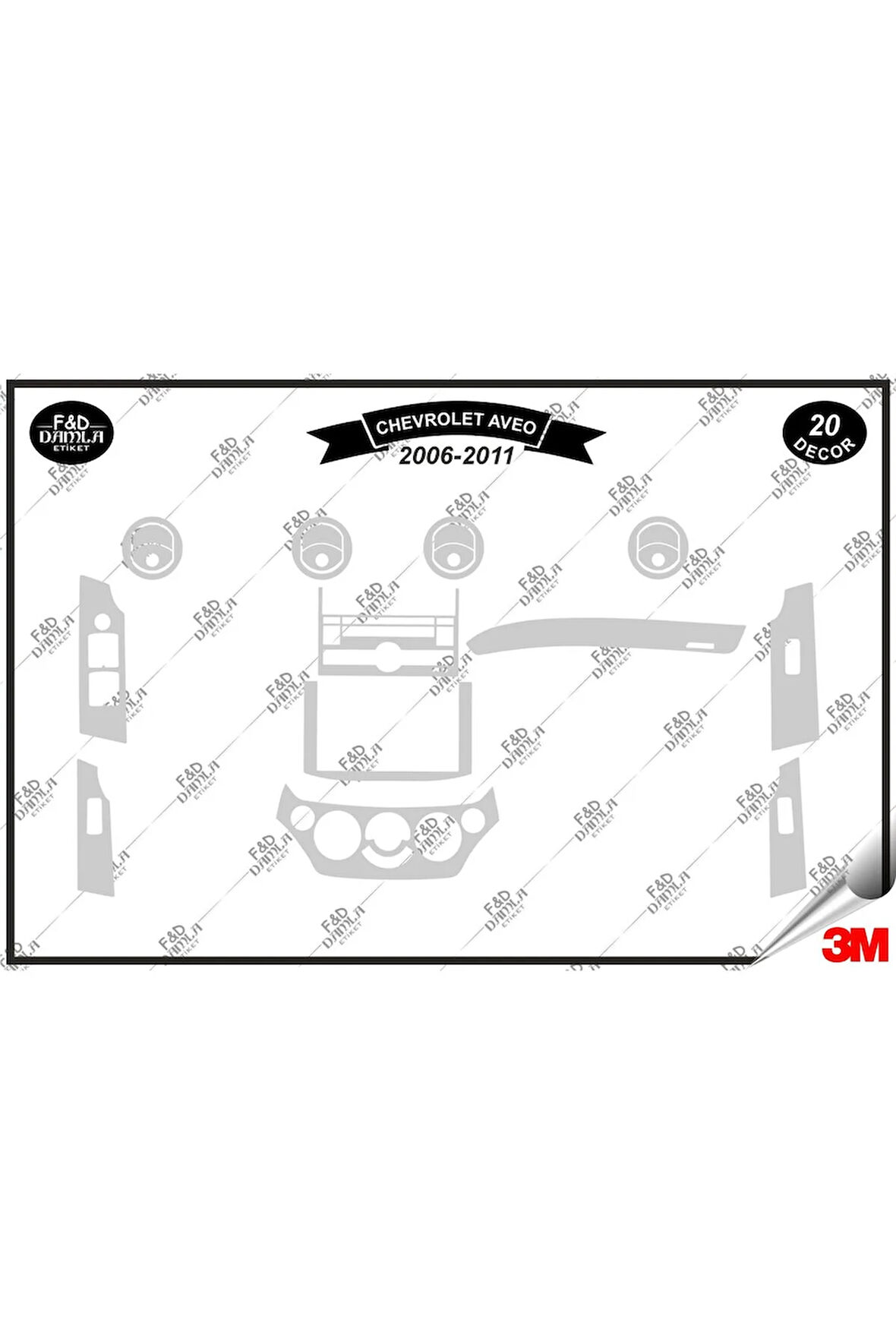 Chavrolet Aveo 2006-2011 Torpido Konsol Trim Göğüs Maun Kaplama Set 20 Parça Gümüş