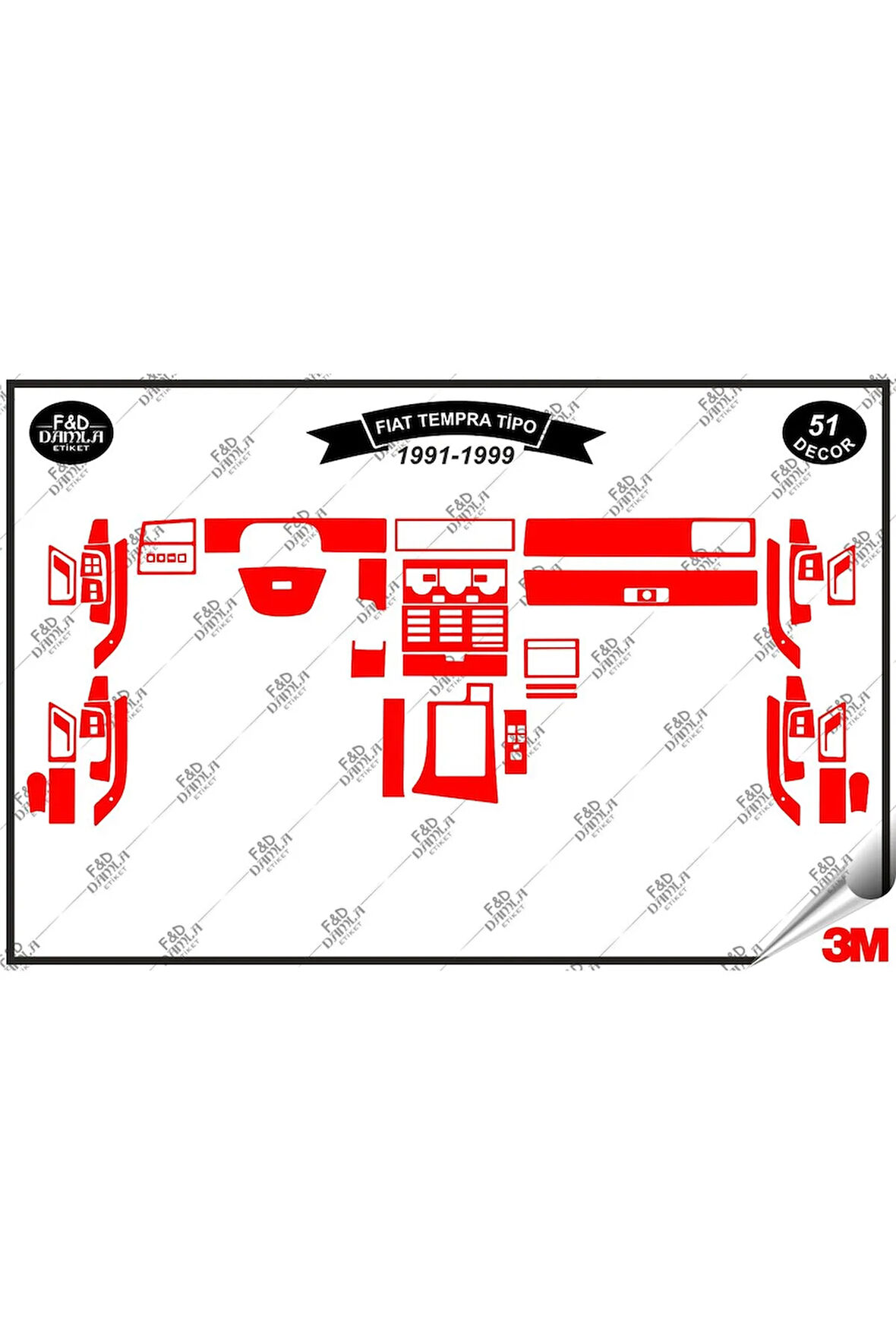 Fiat Tempra Tipo 1991-1999 Torpido Konsol Trim Göğüs Maun Kaplama Set 51 Parça Kırmızı