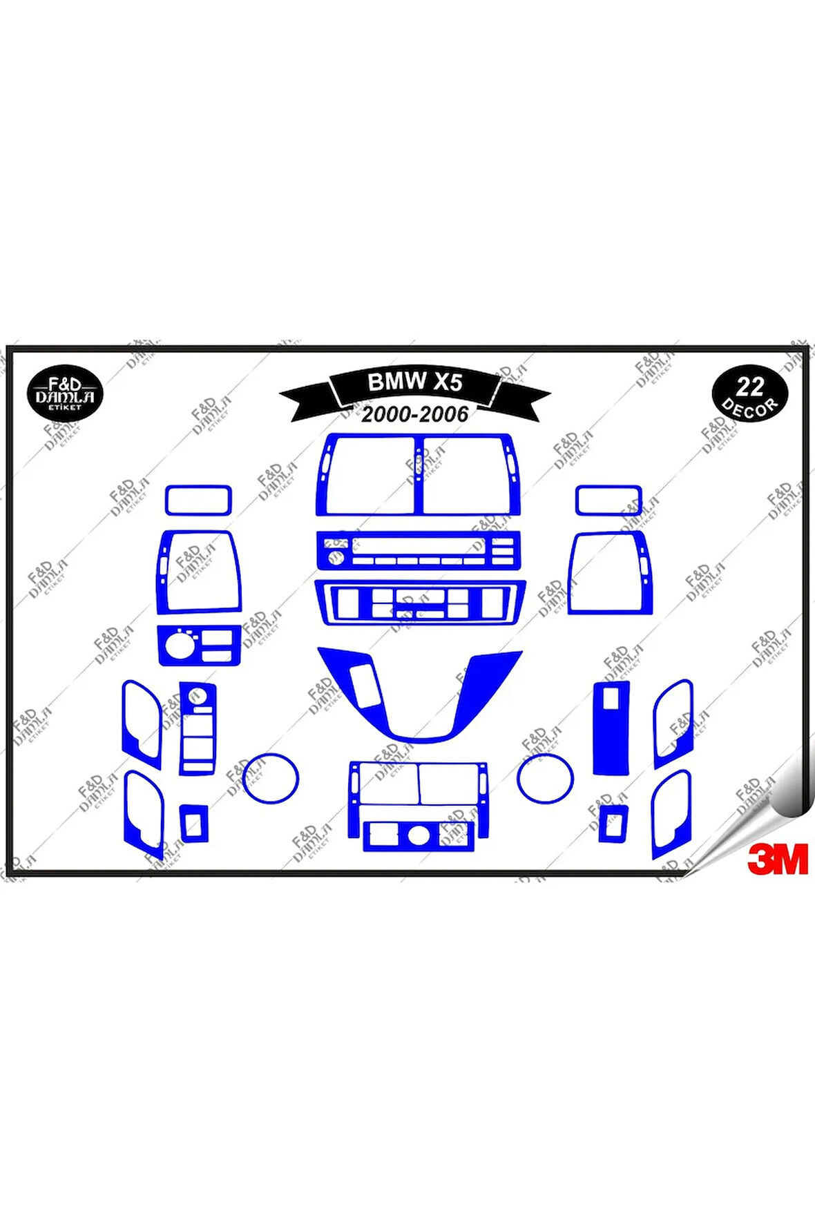 BMW X5 2000-2006 Torpido Konsol Trim Göğüs Maun Kaplama Set 22 Parça Mavi