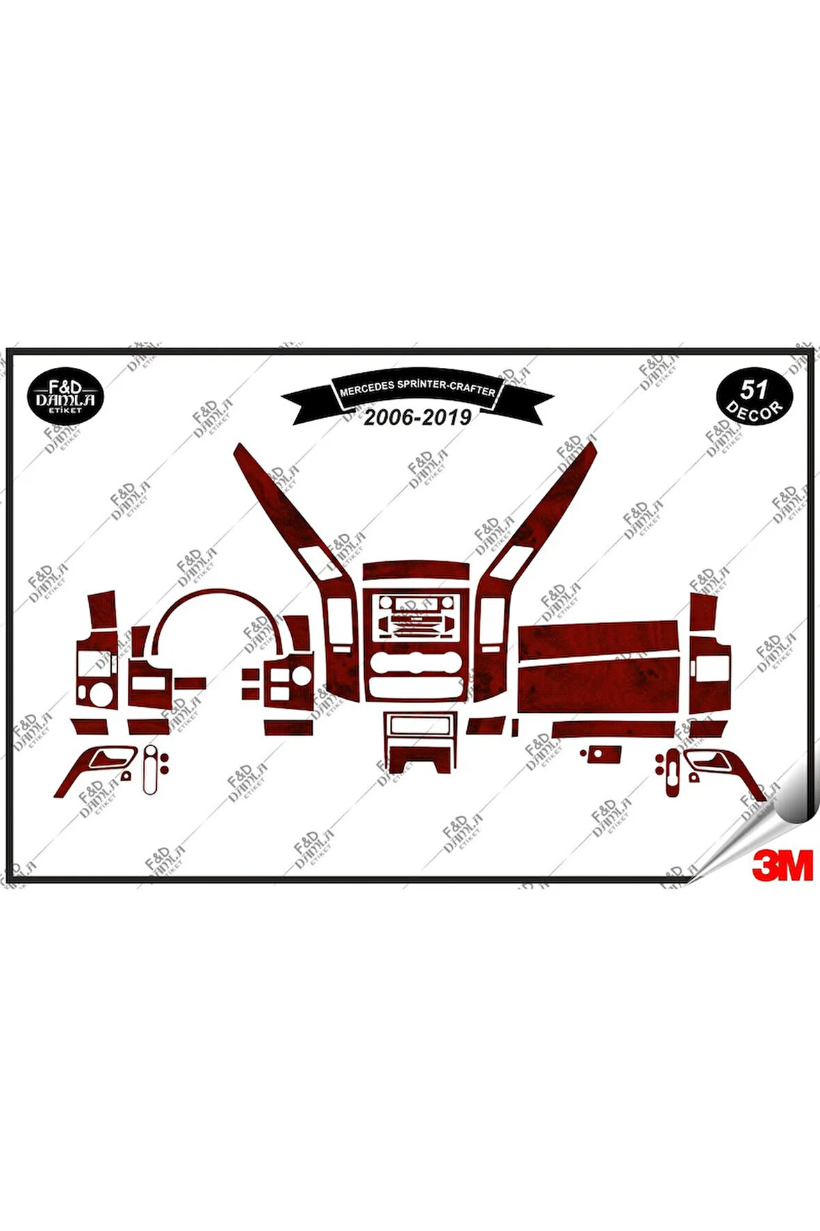Mercedes Sprinter Grafter 2006-2019 Torpido Konsol Trim Göğüs Maun Kaplama Set 51 Parça Maun