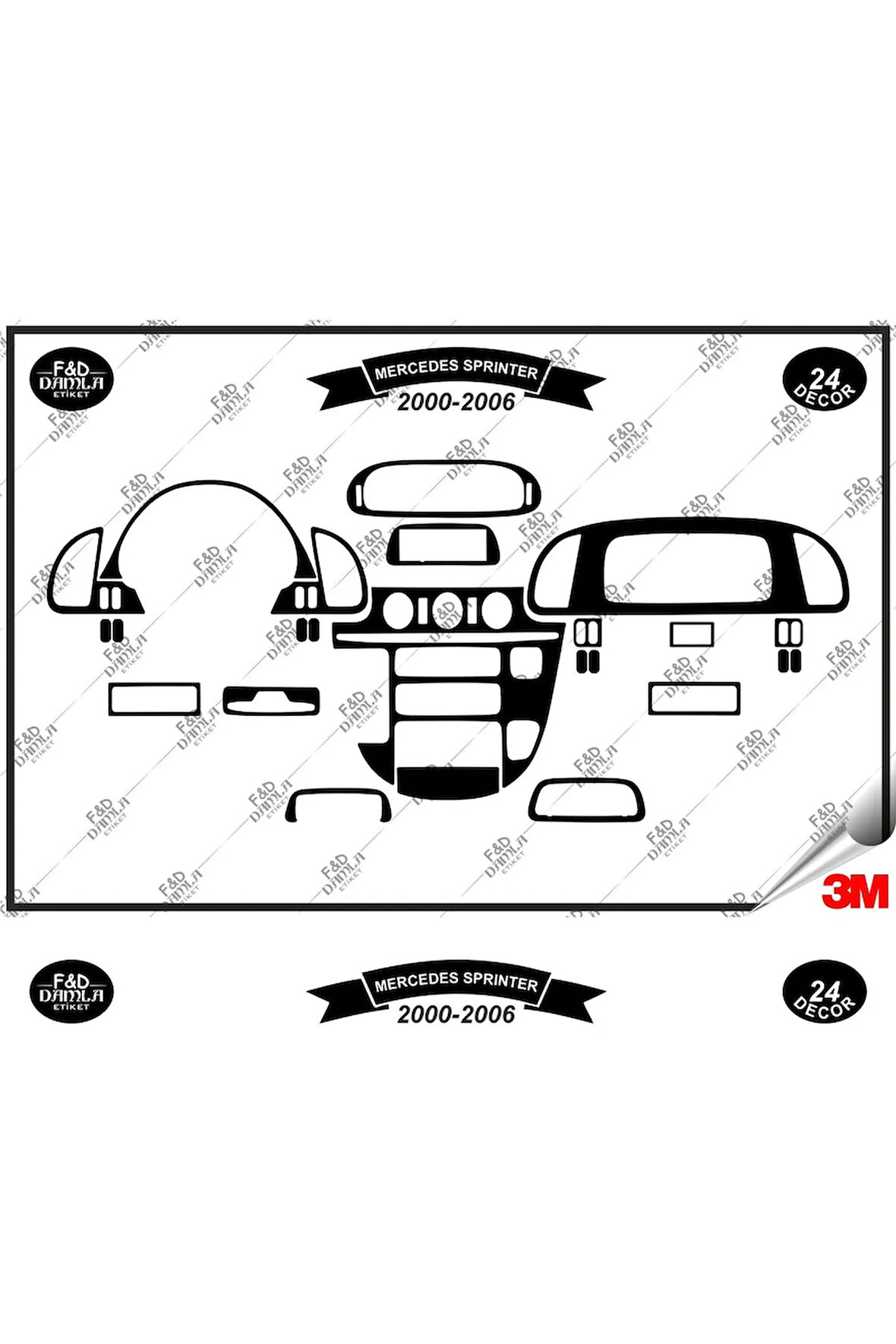 Mercedes Sprinter 2000-2006 Torpido Konsol Trim Göğüs Maun Kaplama Set 24 Parça Siyah
