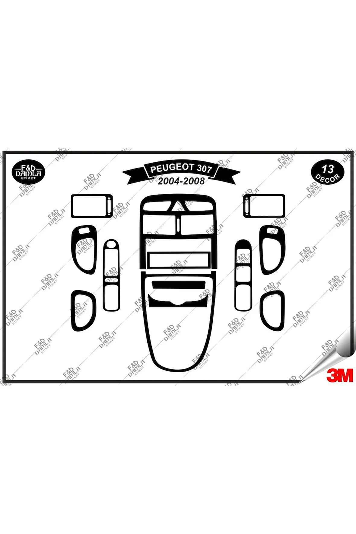 Peugeot 307 2004-2008 Torpido Konsol Trim Göğüs Maun Kaplama Set 13 Parça Siyah
