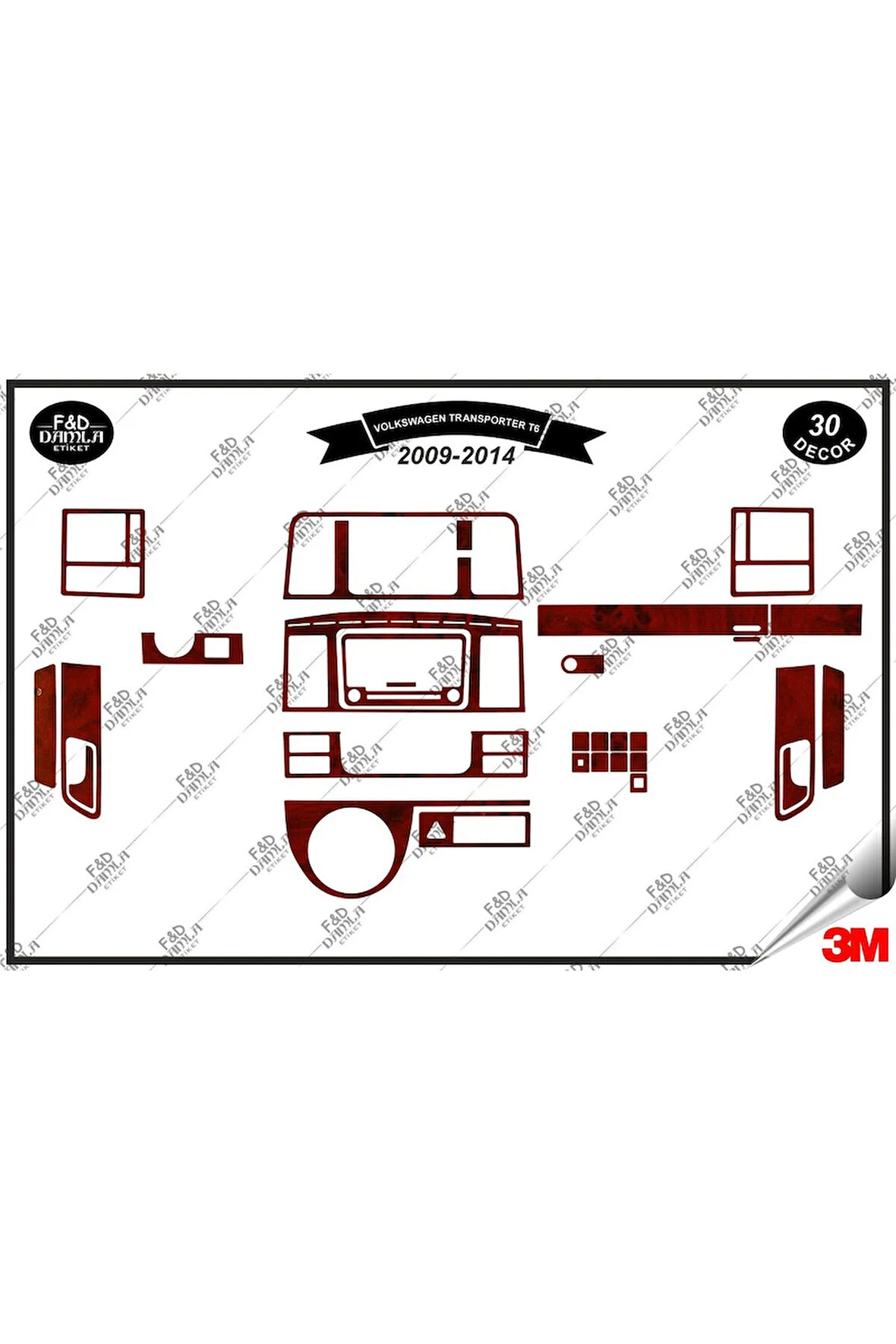 Volkswagen Transporter T6 2009-2014 Torpido Konsol Trim Göğüs Maun Kaplama Set 30 Parça Maun