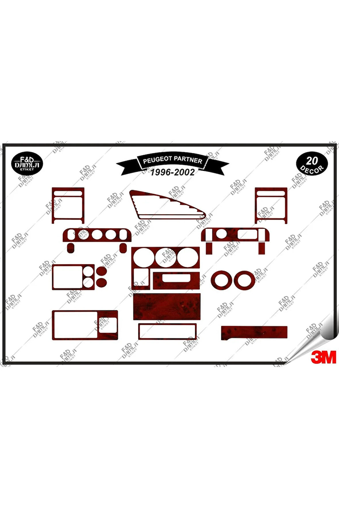 Peugeot Partner 1996-2002 Torpido Konsol Trim Göğüs Maun Kaplama Set 20 Parça Maun