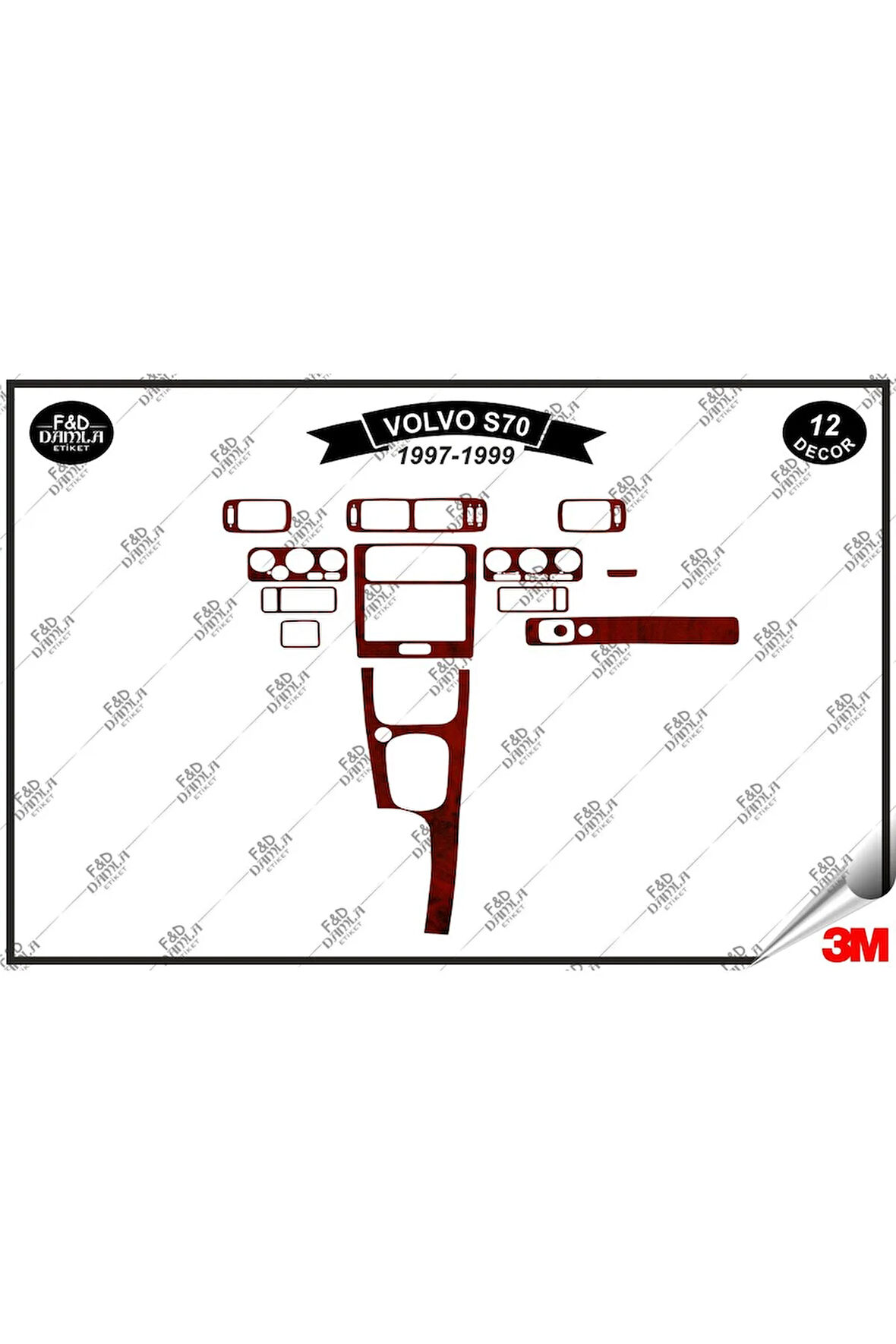Volvo S70 1997-1999 Torpido Konsol Trim Göğüs Maun Kaplama Set 12 Parça Maun