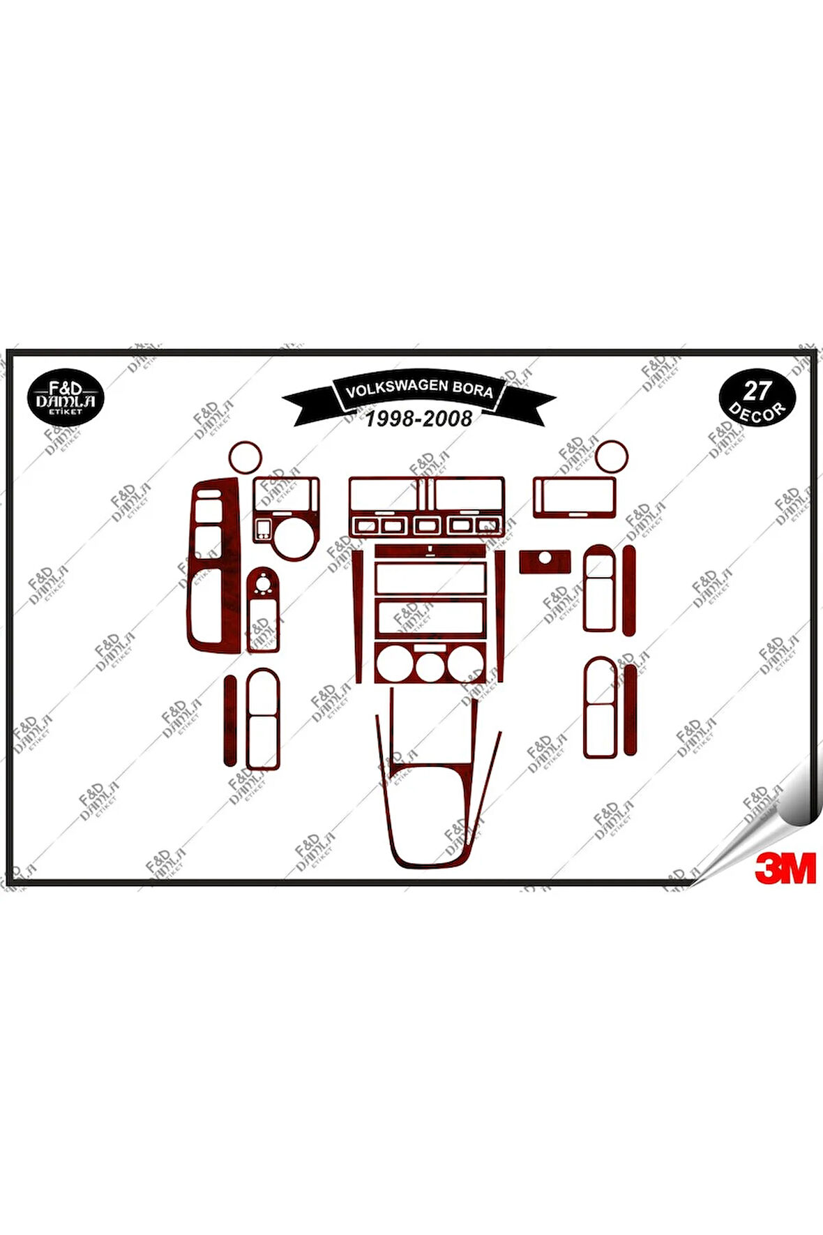 Volkswagen Bora 1998-2008 Torpido Konsol Trim Göğüs Maun Kaplama Set 27 Parça Maun