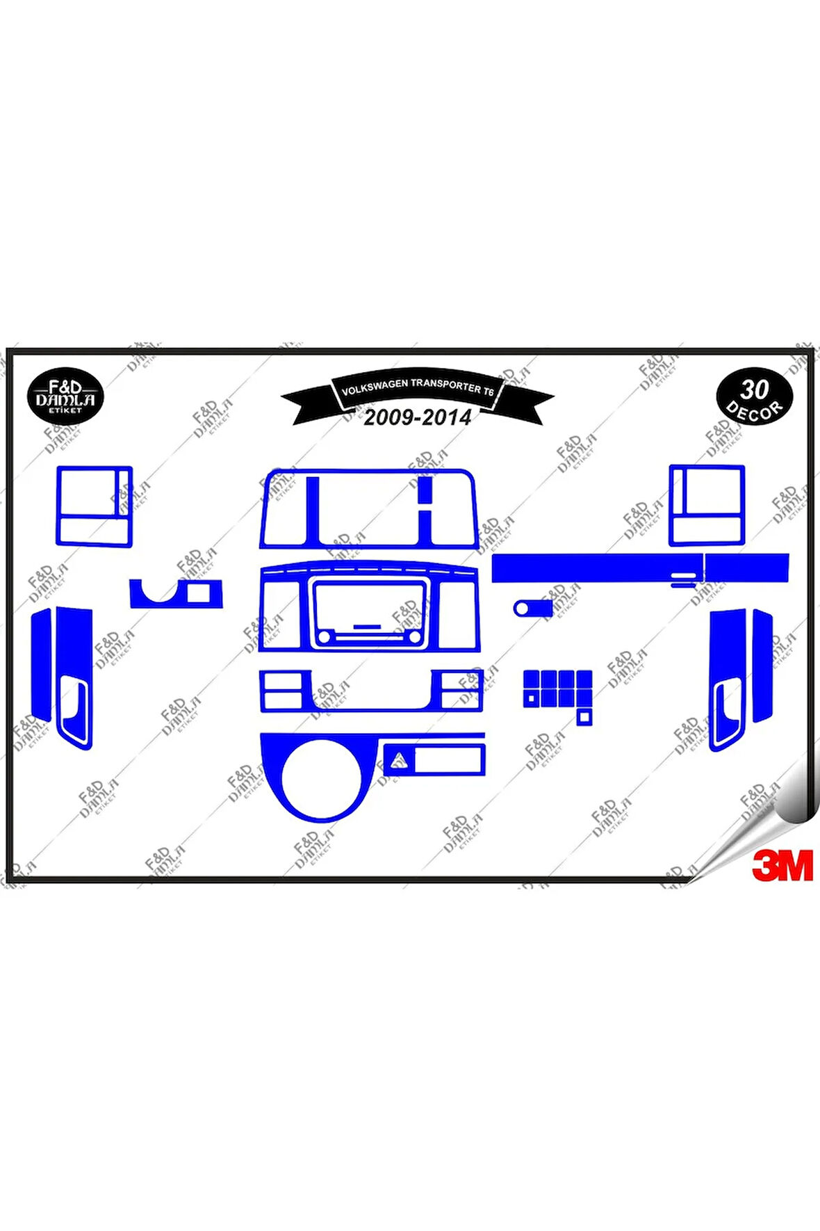 Volkswagen Transporter T6 2009-2014 Torpido Konsol Trim Göğüs Maun Kaplama Set 30 Parça Mavi