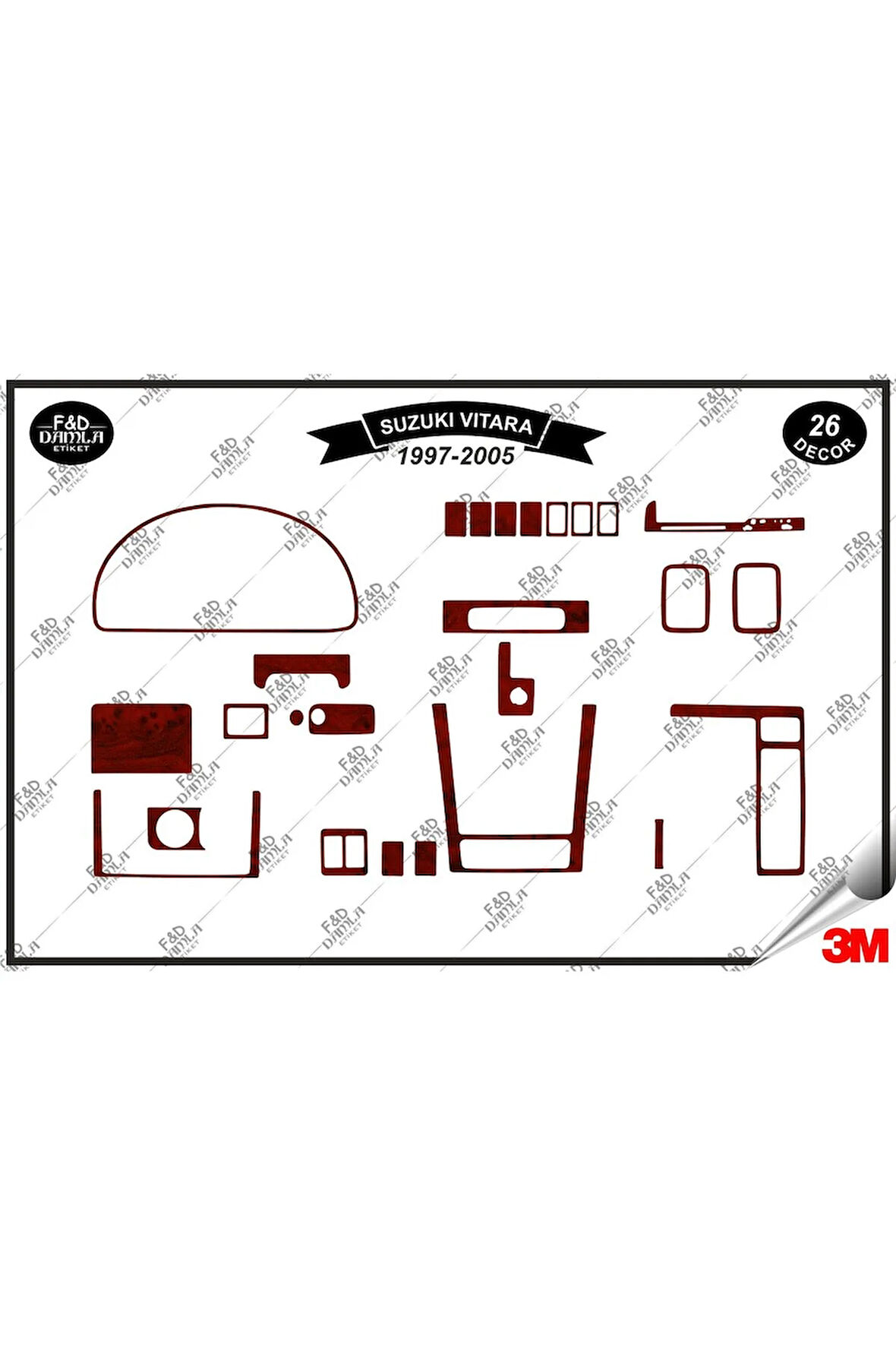 Suzuki Vitara 1997-2005 Torpido Konsol Trim Göğüs Maun Kaplama Set 26 Parça Maun