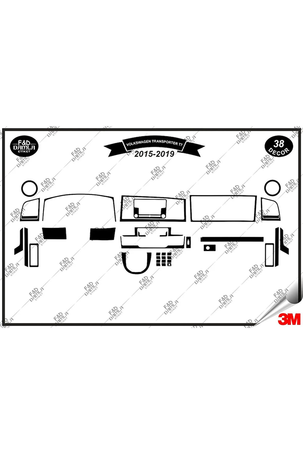 Volkswagen Transporter T7 2015-2019  Torpido Konsol Trim Göğüs Maun Kaplama Set 38 Parça Siyah