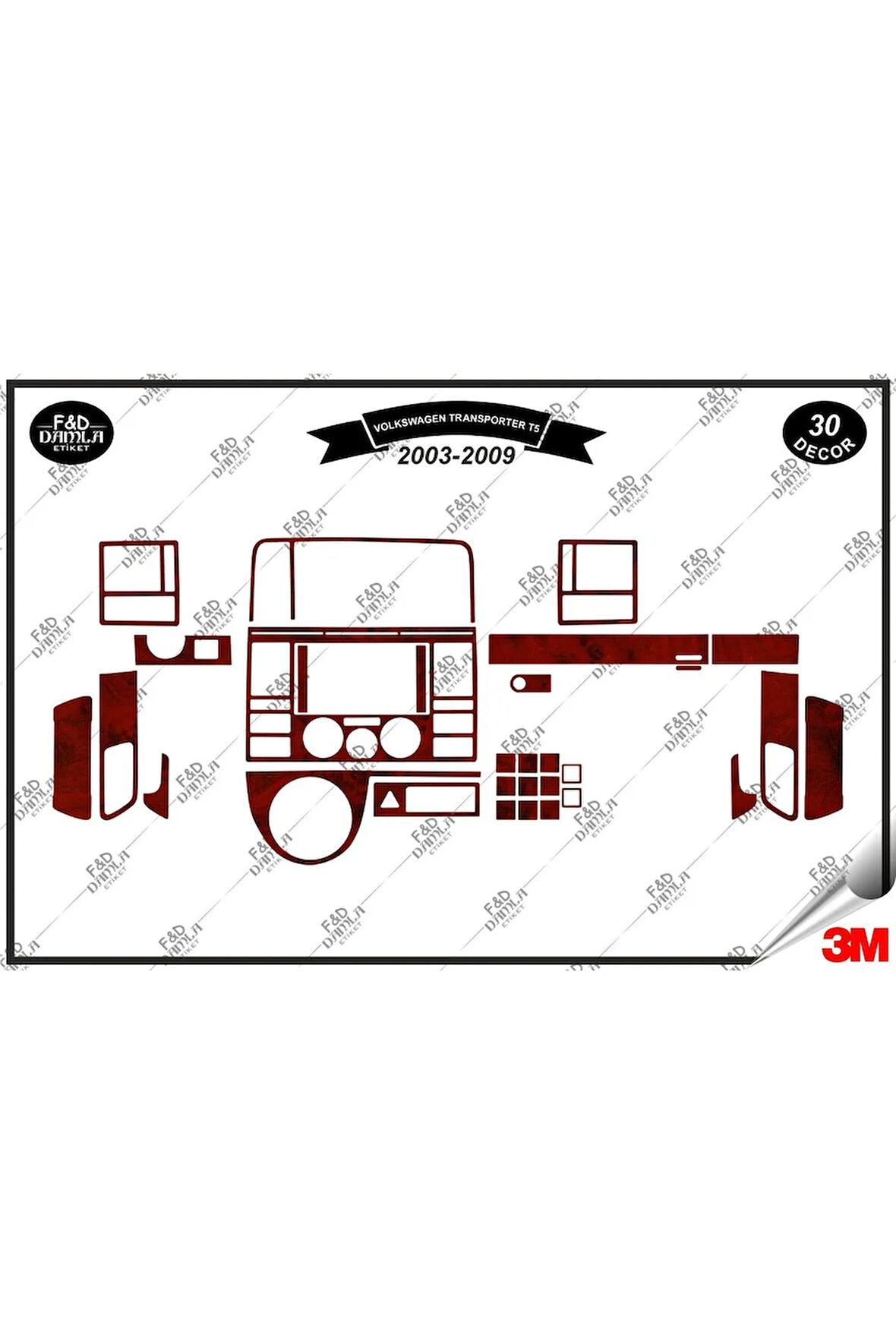 Volkswagen Transporter T5 2003-2009 Torpido Konsol Trim Göğüs Maun Kaplama Set 30 Parça Maun
