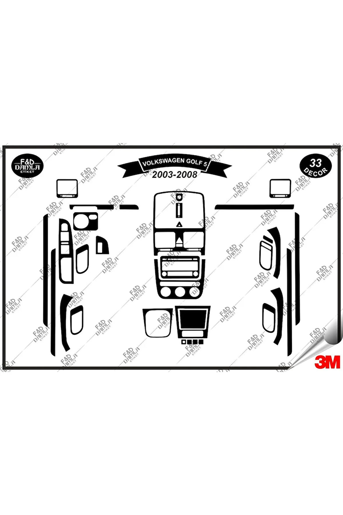 Volkswagen Golf 5 2003-2008 Torpido Konsol Trim Göğüs Maun Kaplama Set 33 Parça Siyah