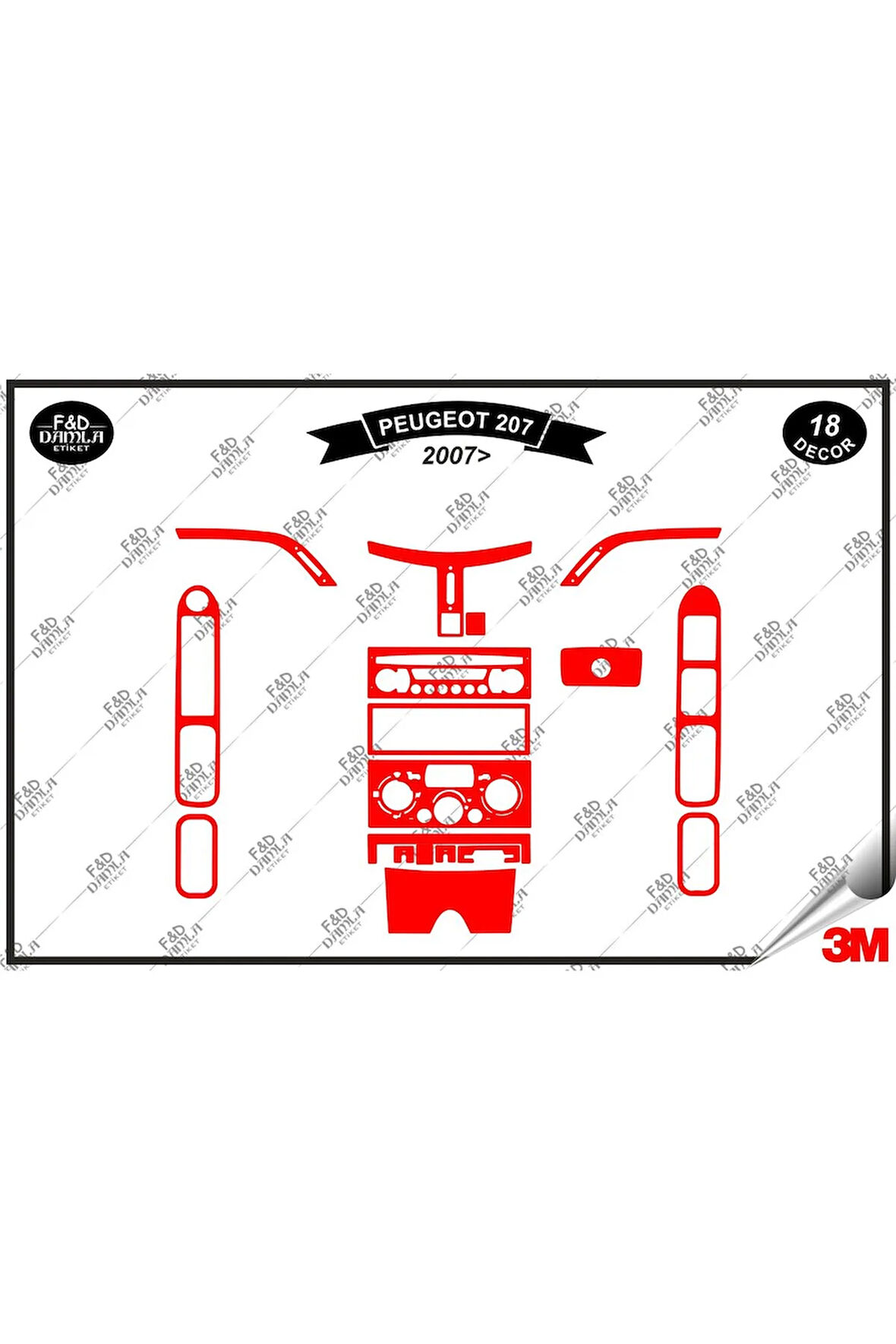 Peugeot 207 (2007) Torpido Konsol Trim Göğüs Maun Kaplama Set 18 Parça Kırmızı