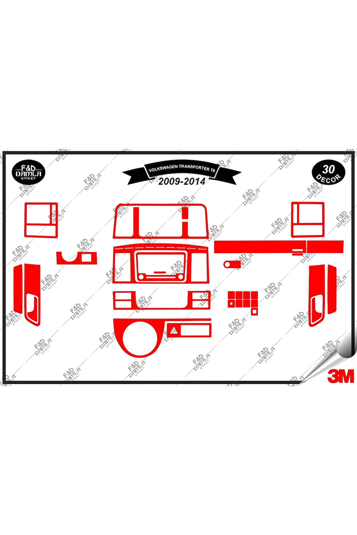 Volkswagen Transporter T6 2009-2014 Torpido Konsol Trim Göğüs Maun Kaplama Set 30 Parça Kırmızı