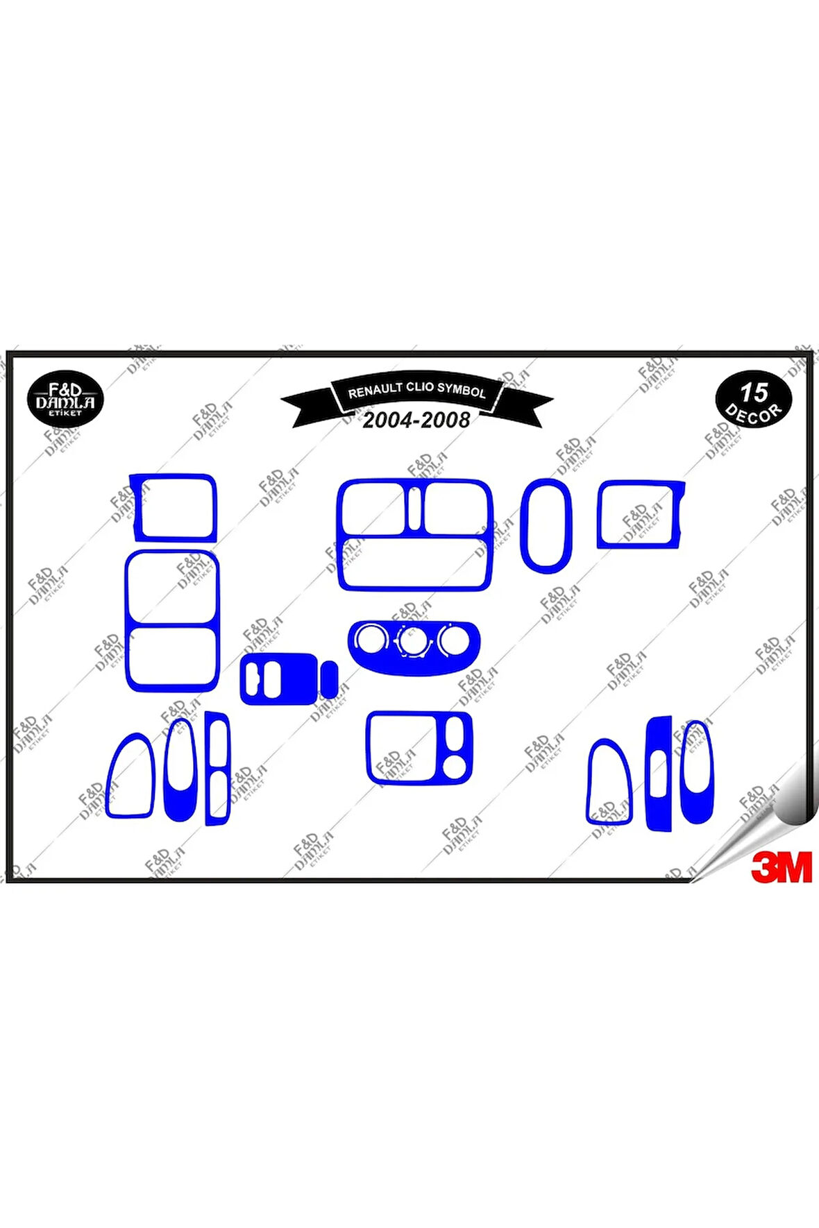 Renault Clio Symbol 2004-2008 Torpido Konsol Trim Göğüs Maun Kaplama Set 15 Parça Mavi