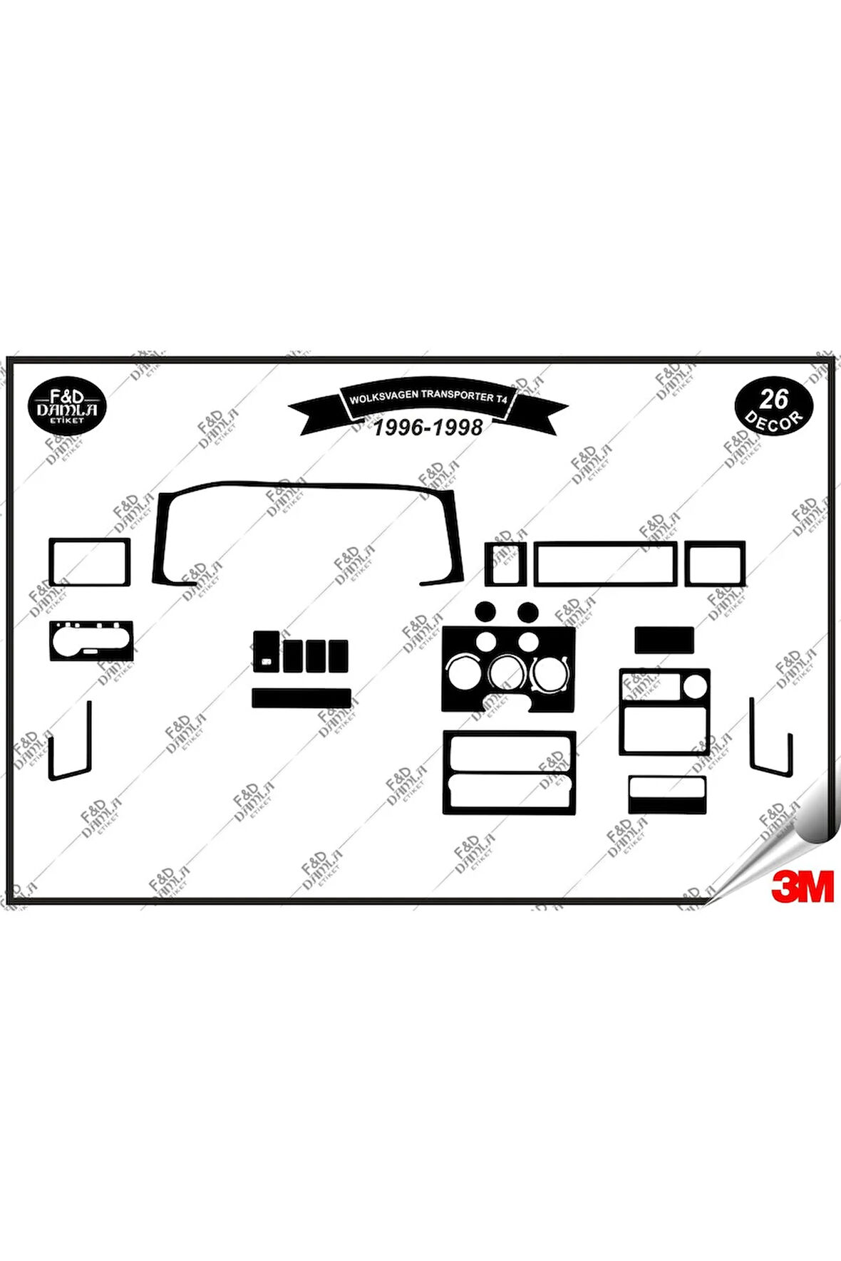 Volkswagen Transporter T4 1996-1998 Torpido Konsol Trim Göğüs Maun Kaplama Set 26 Parça Siyah