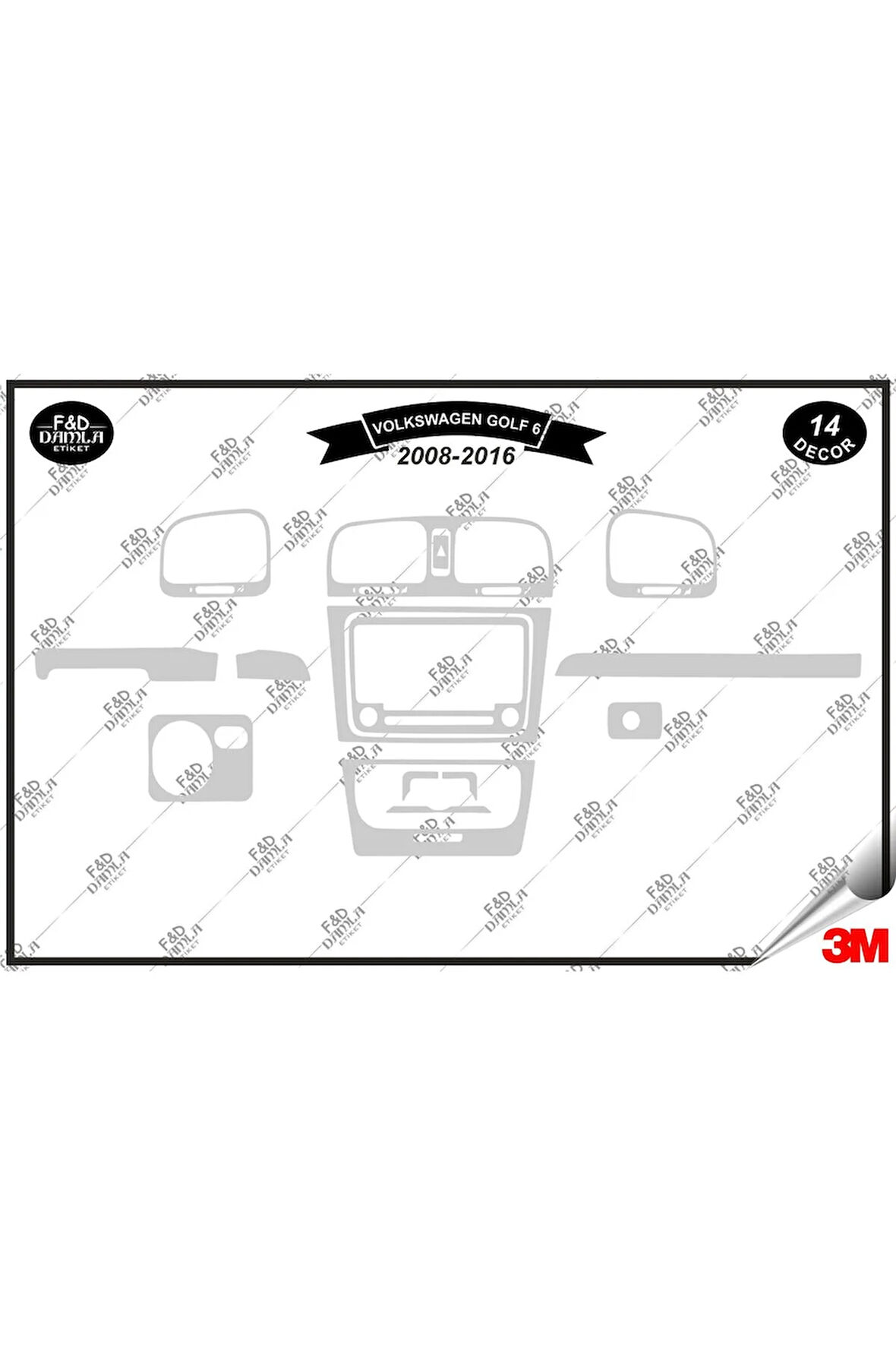 Volkswagen Golf 6 2008-2016 Torpido Konsol Trim Göğüs Maun Kaplama Set 14 Parça Gümüş
