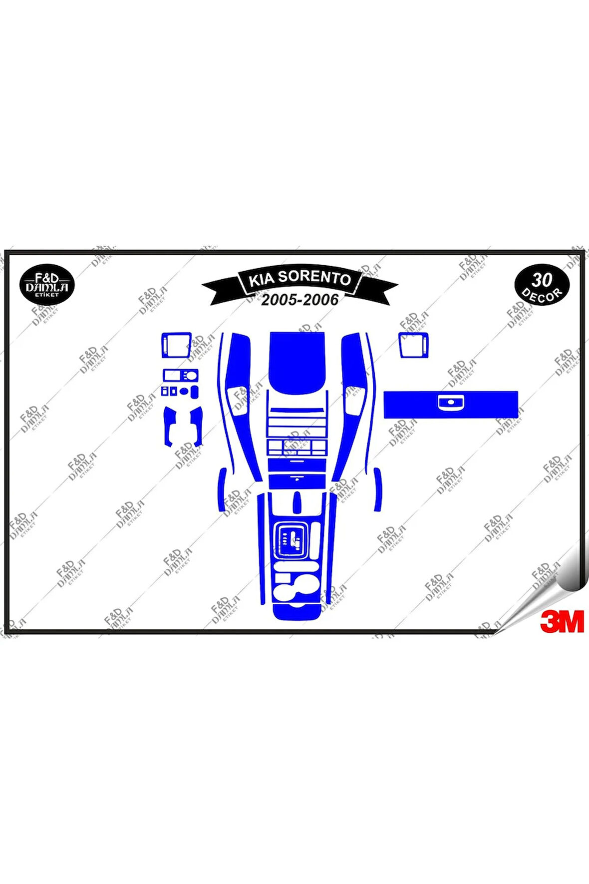 Kıa Sorento 2005-2006 Torpido Konsol Trim Göğüs Maun Kaplama Set 30 Parça Mavi